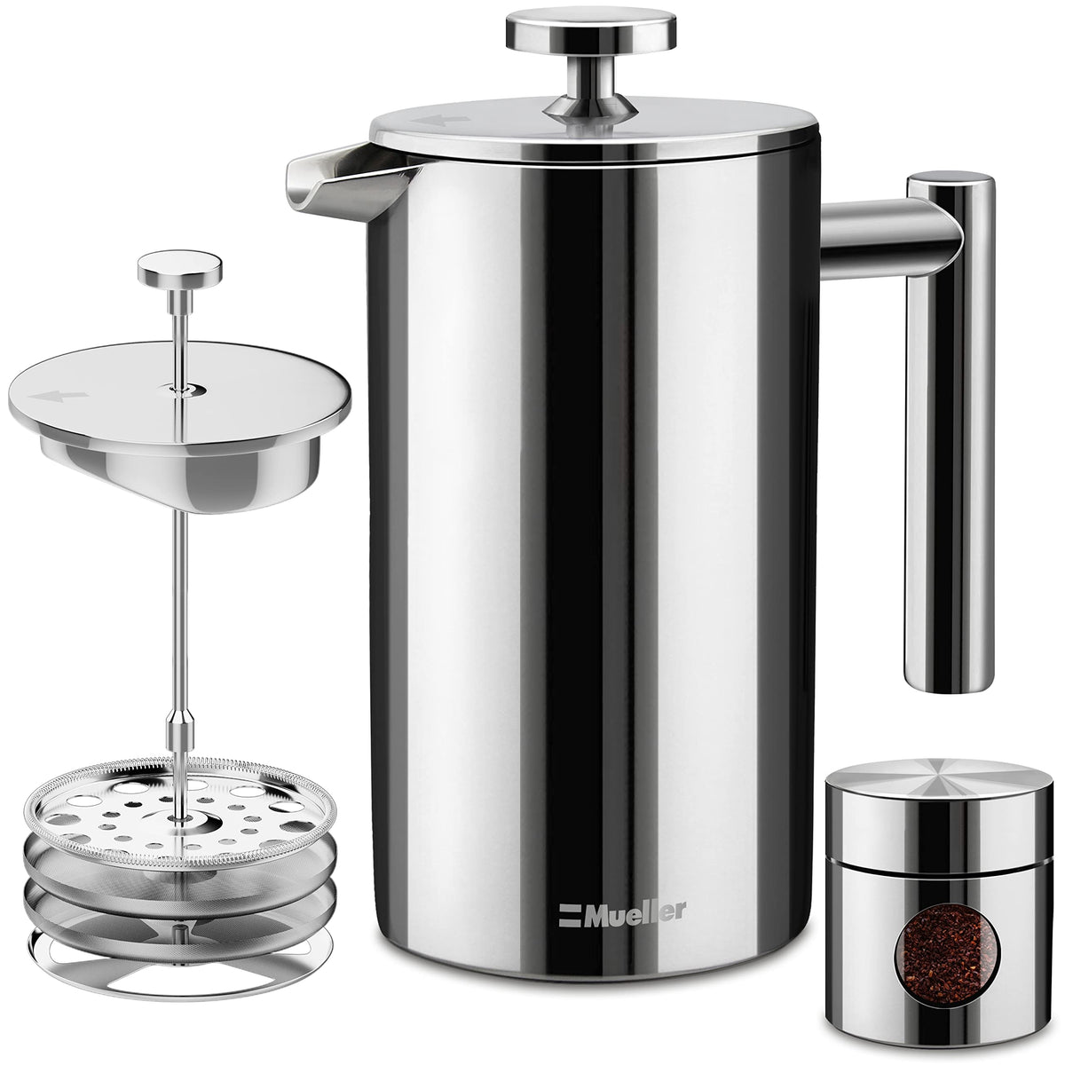 Mueller French Press Kaffeemaschine, 34 oz, Edelstahl French Press Kaffee, 4 Filter, hitzebeständig, doppelt isoliert, rostfrei, lebensmittelecht, spülmaschinenfeste Kaffeekanne