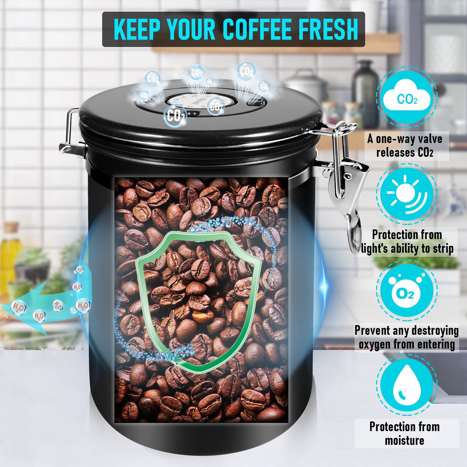 Coffee Canister Airtight 35OZ Large, 2.2 lbs Coffee Storage Container Stainless Steel Air Tight Coffee Jar with Scoop, Date Tracker and CO2 Release Valve for Beans, Ground, Tea, Flour and Sugar, 2.8L