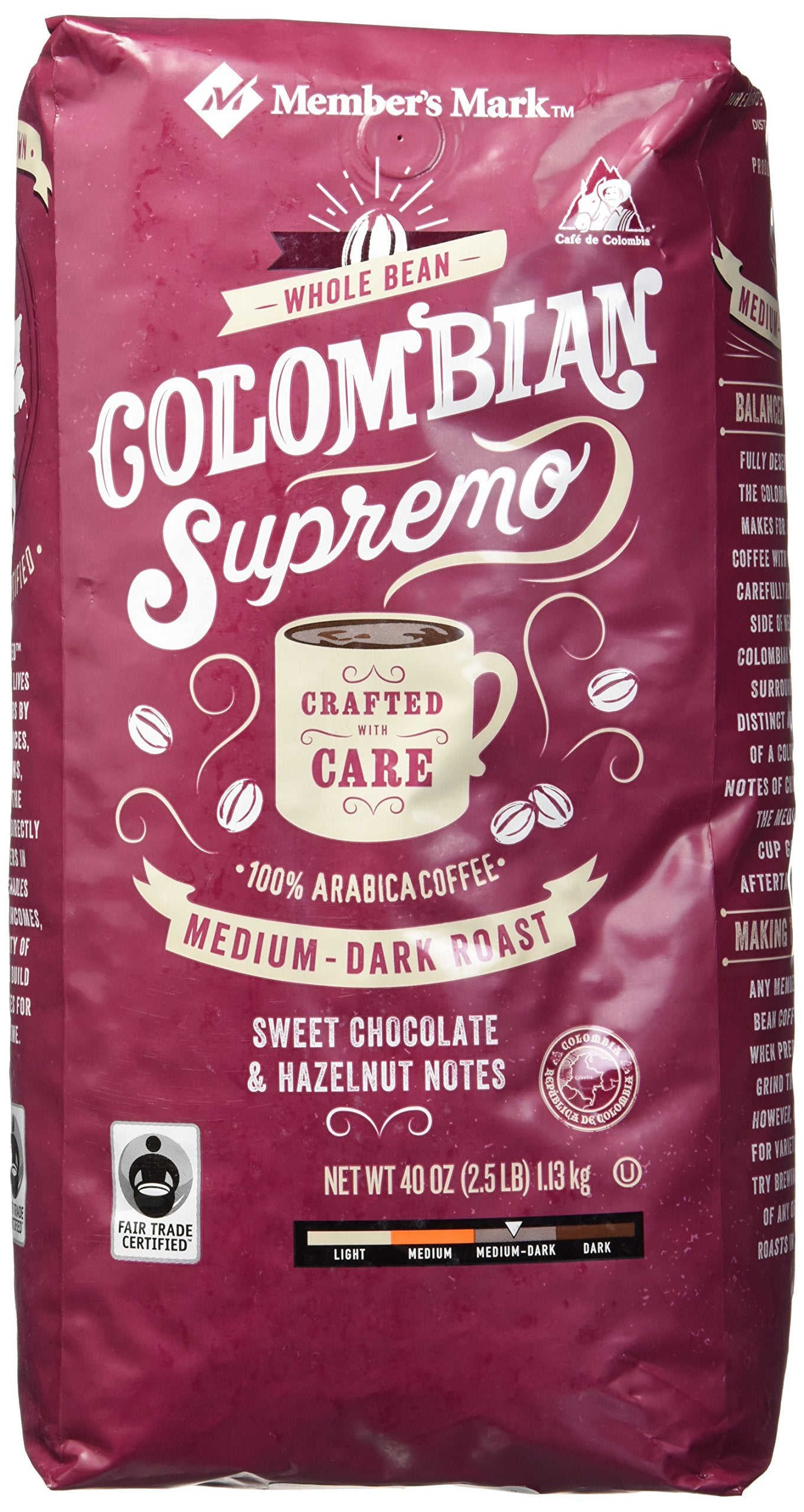 Member's Mark Colombian Supremo Whole Bean Coffee (40 OZ), Sweet Chocolate & Hazelnut Notes, 40 oz, Medium Dark Roast