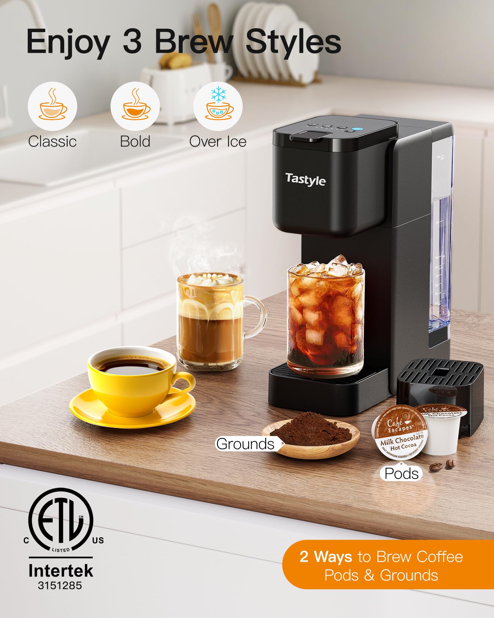 Tastyle Einzelportions-Heiß- und Eiskaffeemaschine mit starkem Brühvorgang, 40 oz abnehmbarer Behälter, 6 Brühgrößen, kompatibel mit K-Cup und Kaffeepulver, kompakt für Zuhause, Büro, Wohnmobil und Wohnheim, schwarz (2.0-Version)