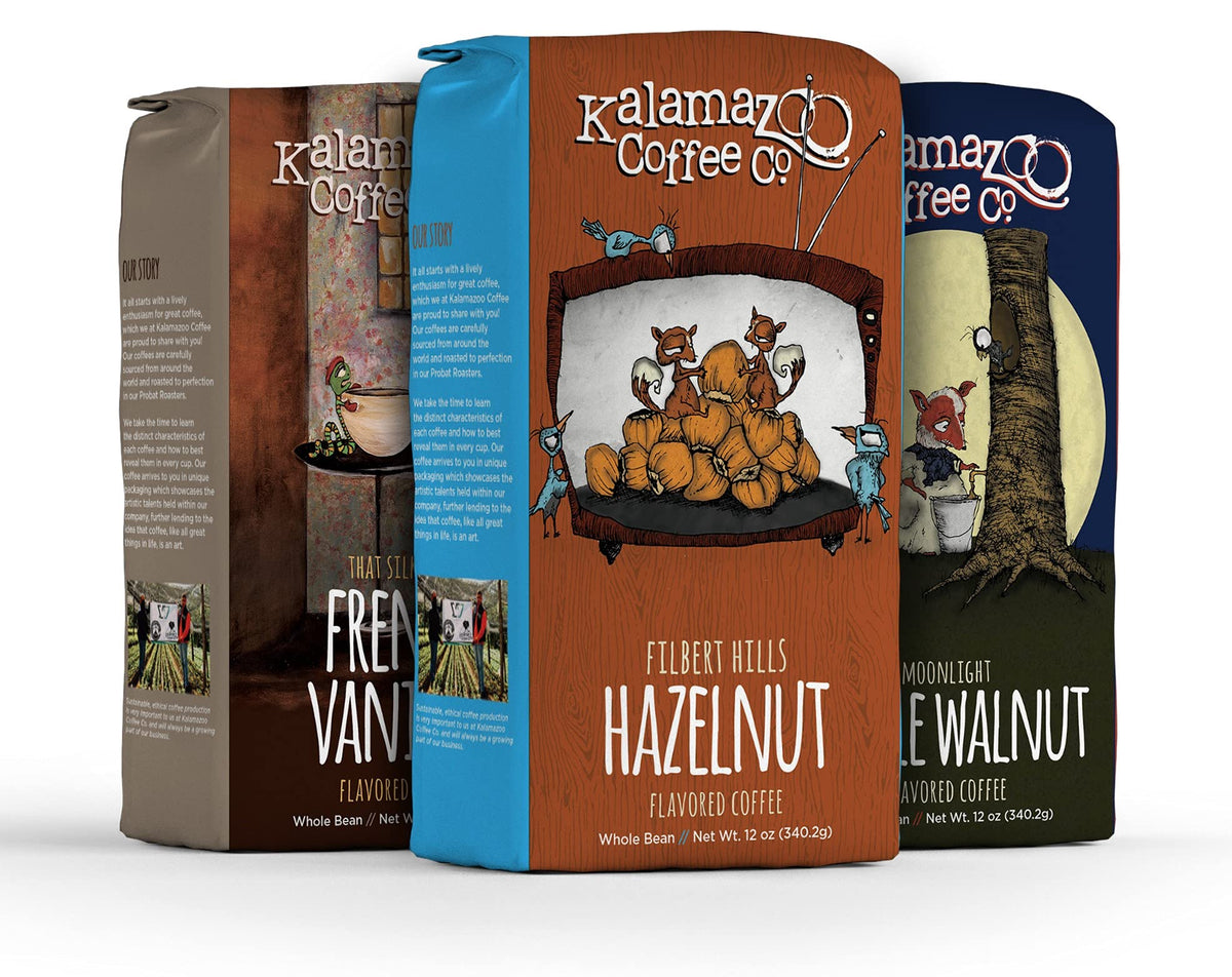 KALAMAZOO COFFEE COMPANY Whole Bean Flavored Coffee Variety Pack - Hazelnut, French Vanilla, & Maple Walnut | 12oz Bag (3 Pack)