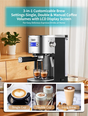 Gevi Espressomaschinen, 20 Bar, schnelles Aufheizen, automatische Cappuccino-Kaffeemaschine mit Milchaufschäumer für Espresso, 1,2 l abnehmbarer Wassertank, doppeltes Temperaturkontrollsystem, 1350 W, schwarz