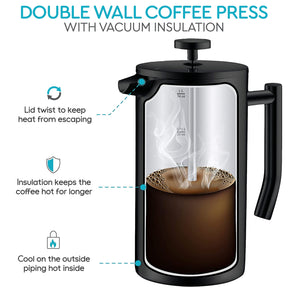 Belwares French Press Coffee Maker 50 OZ - Large Insulated Stainless Steel 304 Coffee Press with Double Wall & 4-Level Filtration System (Black - 1.5L)