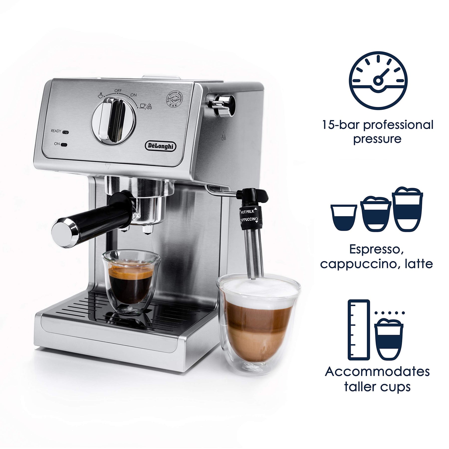 De'Longhi 15 Bar Pump Espresso- und Cappuccinomaschine mit hochwertigem, verstellbarem Milchaufschäumer, Edelstahl, ECP3630