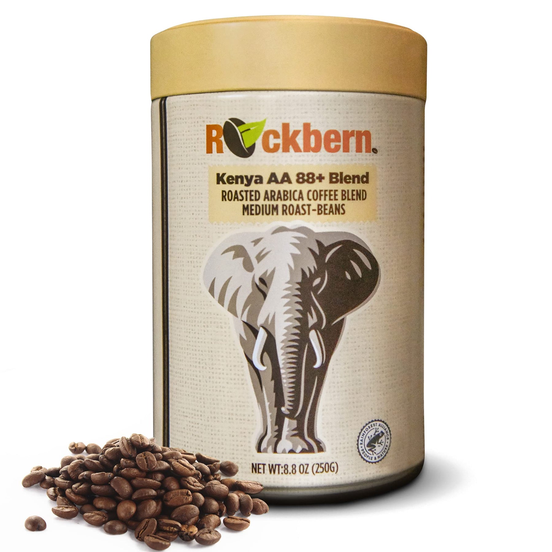 Rockbern Mt Kenya AA 88+ Kaffeebohnen – mittelstark geröstete kenianische AA-Arabica-Mischung, ganze Bohnen, 250 g – Rainforest Alliance-zertifiziert