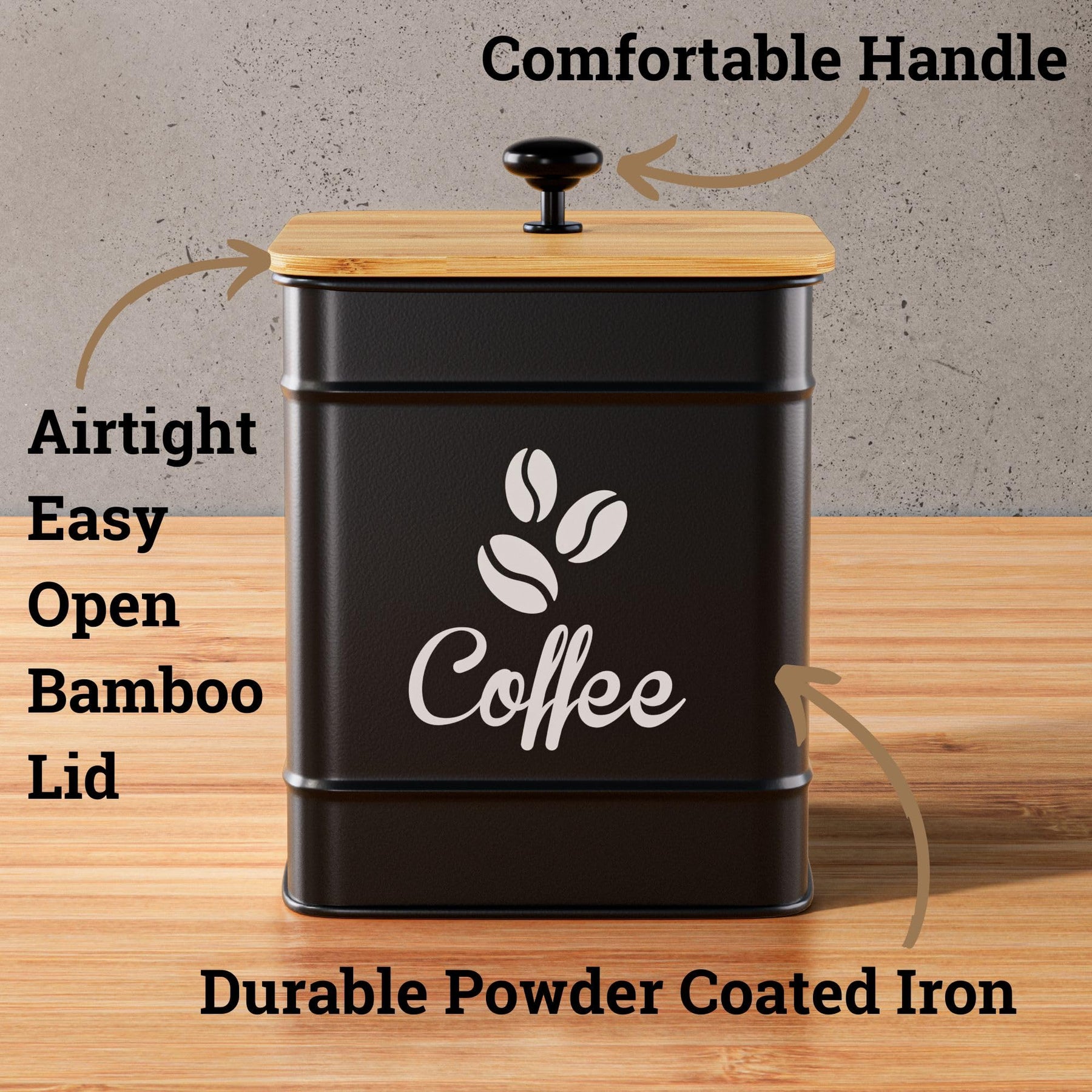 Airtight Coffee Canister - 40 oz Large Iron Black Coffee Container Airtight - Coffee Container for Ground Coffee - Coffee Bean Storage Container - Coffee Pods Holder - Ground Coffee Storage Container