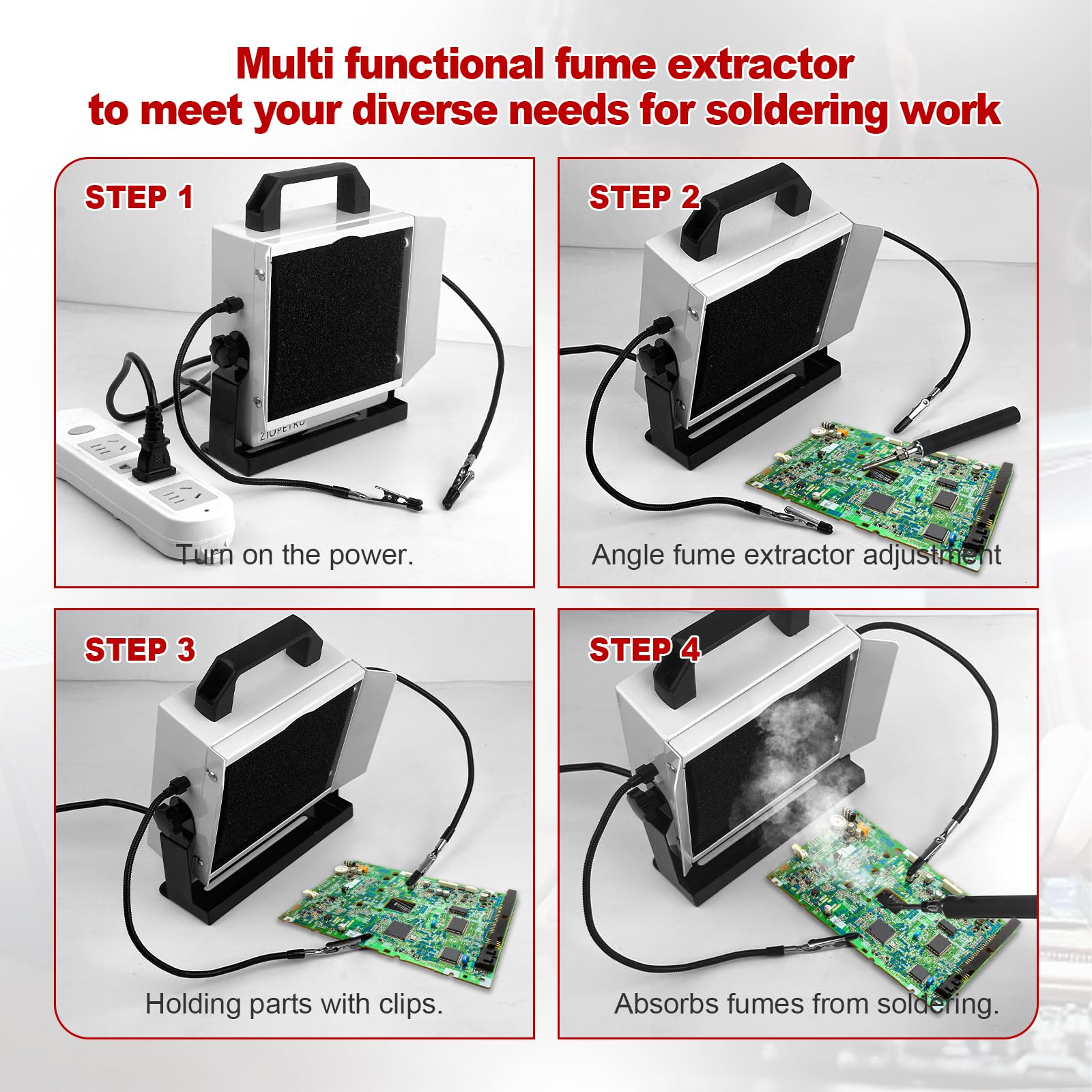 Ziopetru Solder Smoke Absorber, Multifunctional Solder Fume Extractor, Solder Fan with Tiltable Bracket, Fume Extractor Soldering, with 2 PCS Work Aid Clips Suitable for Soldering