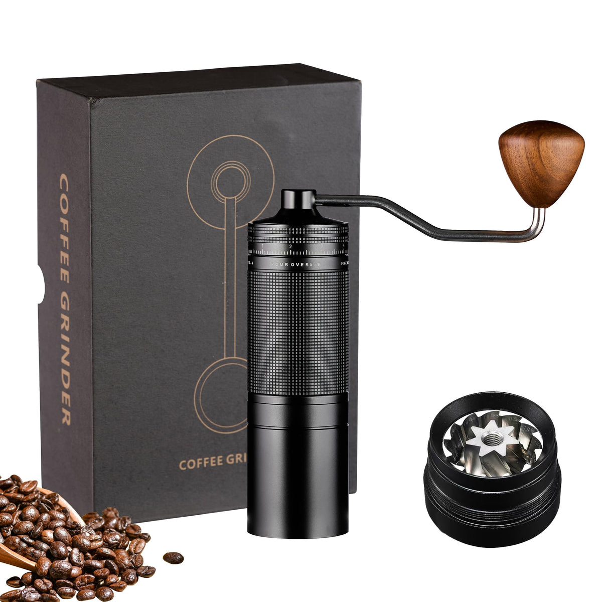 Zalnuuk Z30 Manual Coffee Grinder with 7 Star Stainless Steel Burr, Hand Coffee Grinder for French Press, Mocha, Espresso, External Adjustable Design, Three Bearing Positioning, Black, 20g