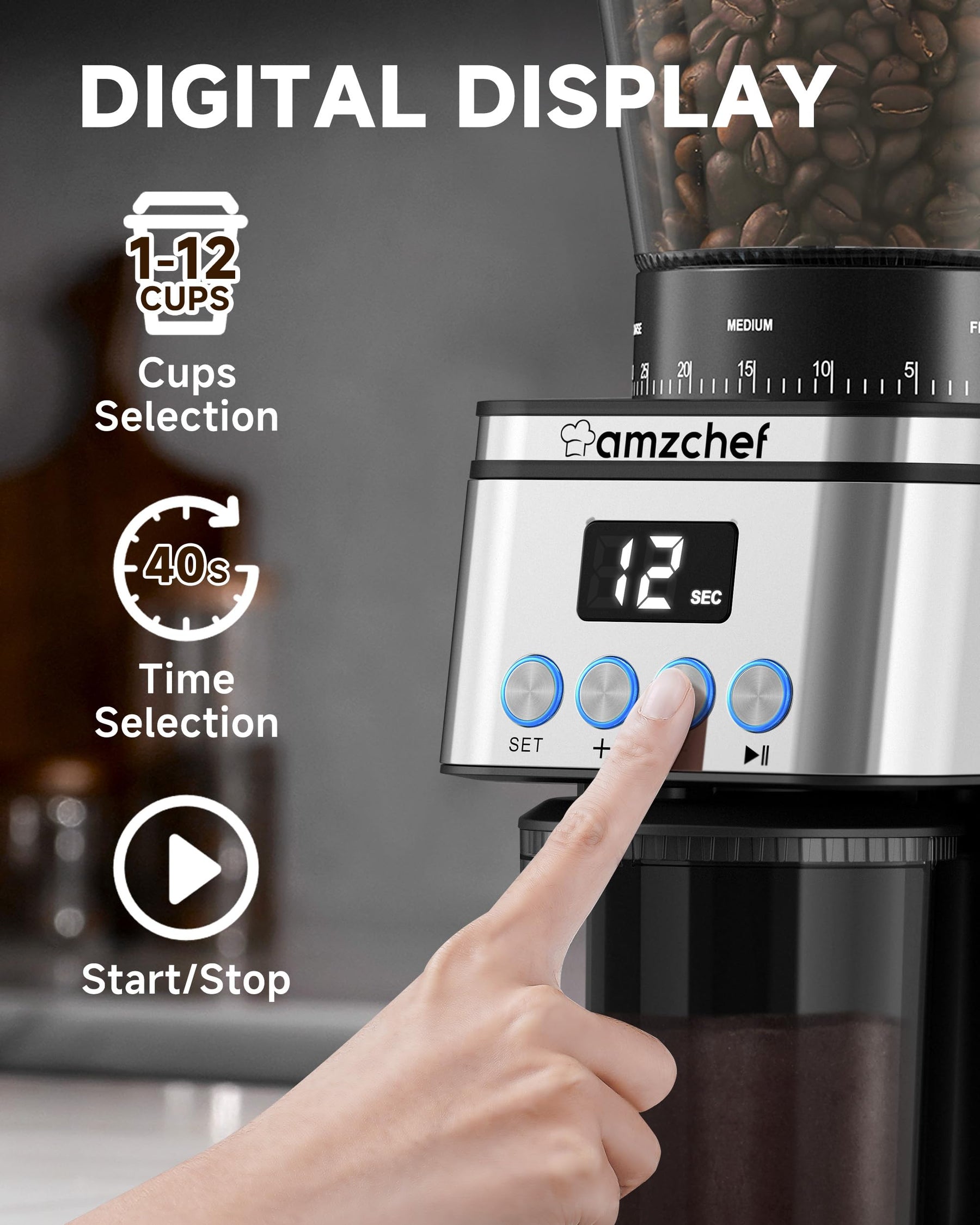 Conical Burr Coffee Grinder 30 Precise, Coffee Grinder with LED Screen & Anti-static Device, Adjustable Burr Grinder for 1-12 Cups or 1-40 Seconds