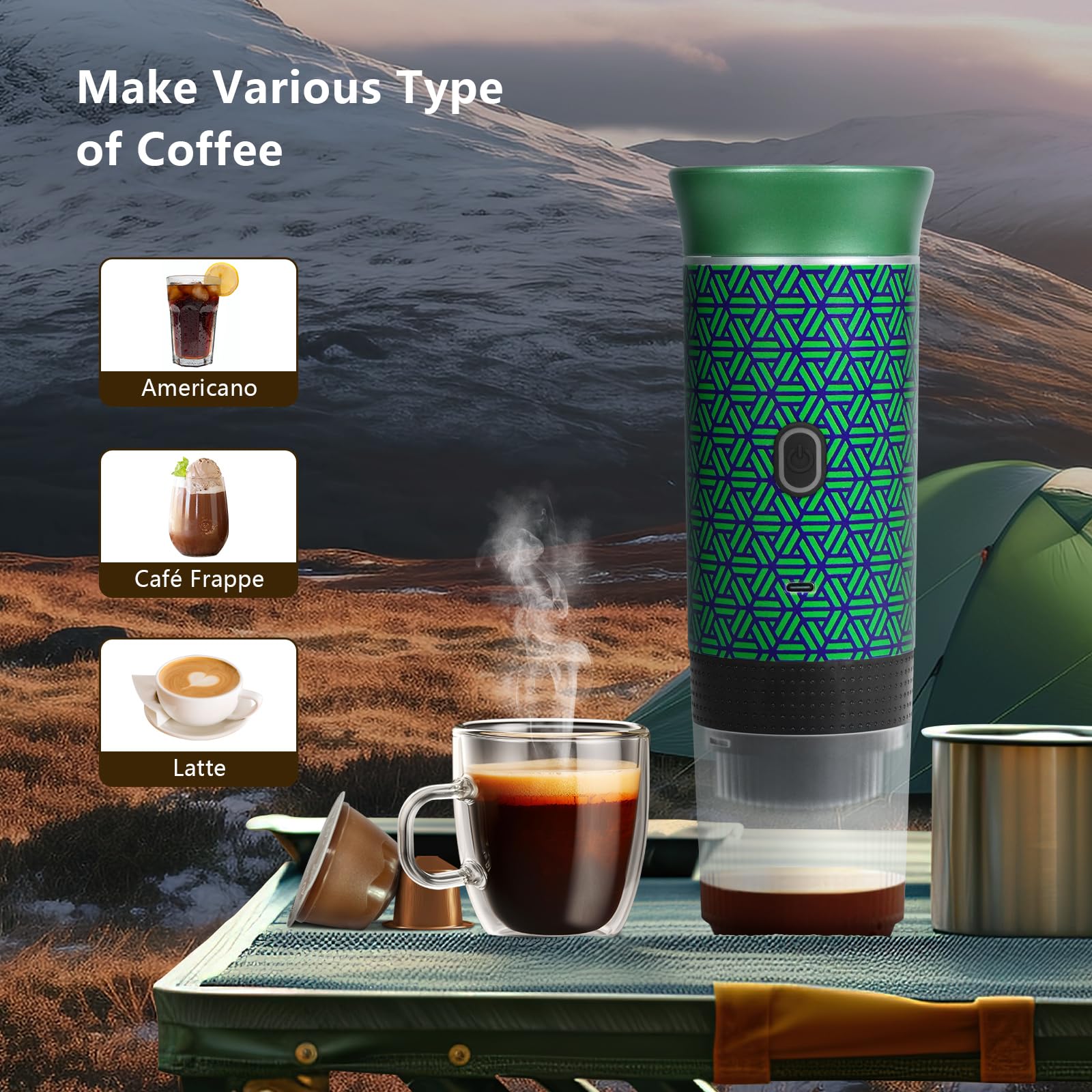 Battery Powered Portable Electric Espresso Machine for Camping, Portable Coffee Maker for Travel, Rechargeable Coffee Maker Self Heating with Ground Coffee & Capsule for RV, Hiking (Green mix Black)