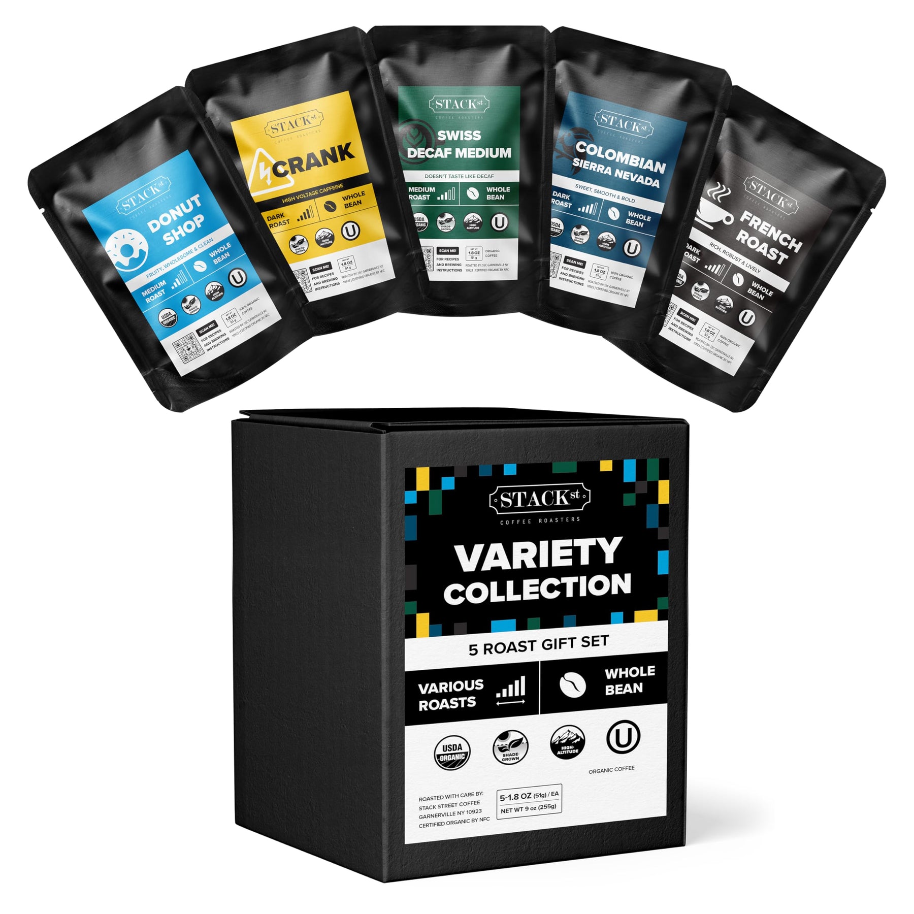 Stack Street Organic Gourmet Coffee Gift Sample Set - 5-Pack! - Specialty Variety Box Whole Bean Sampler of Our Most Popular Roasts