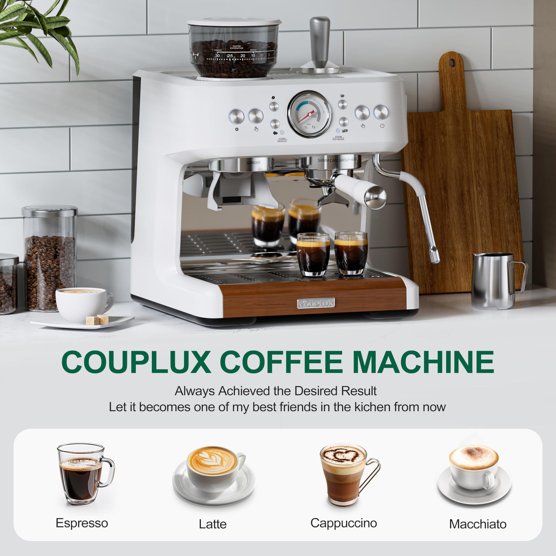 COUPLUX Espresso Machine with Grinder, Coffee and Espresso Maker Combo All in One Coffee Machine, 20 Bar Cafe Espresso Machine with Milk Frother, 58MM Portafilte, Latte Cappuccino Machines for Home