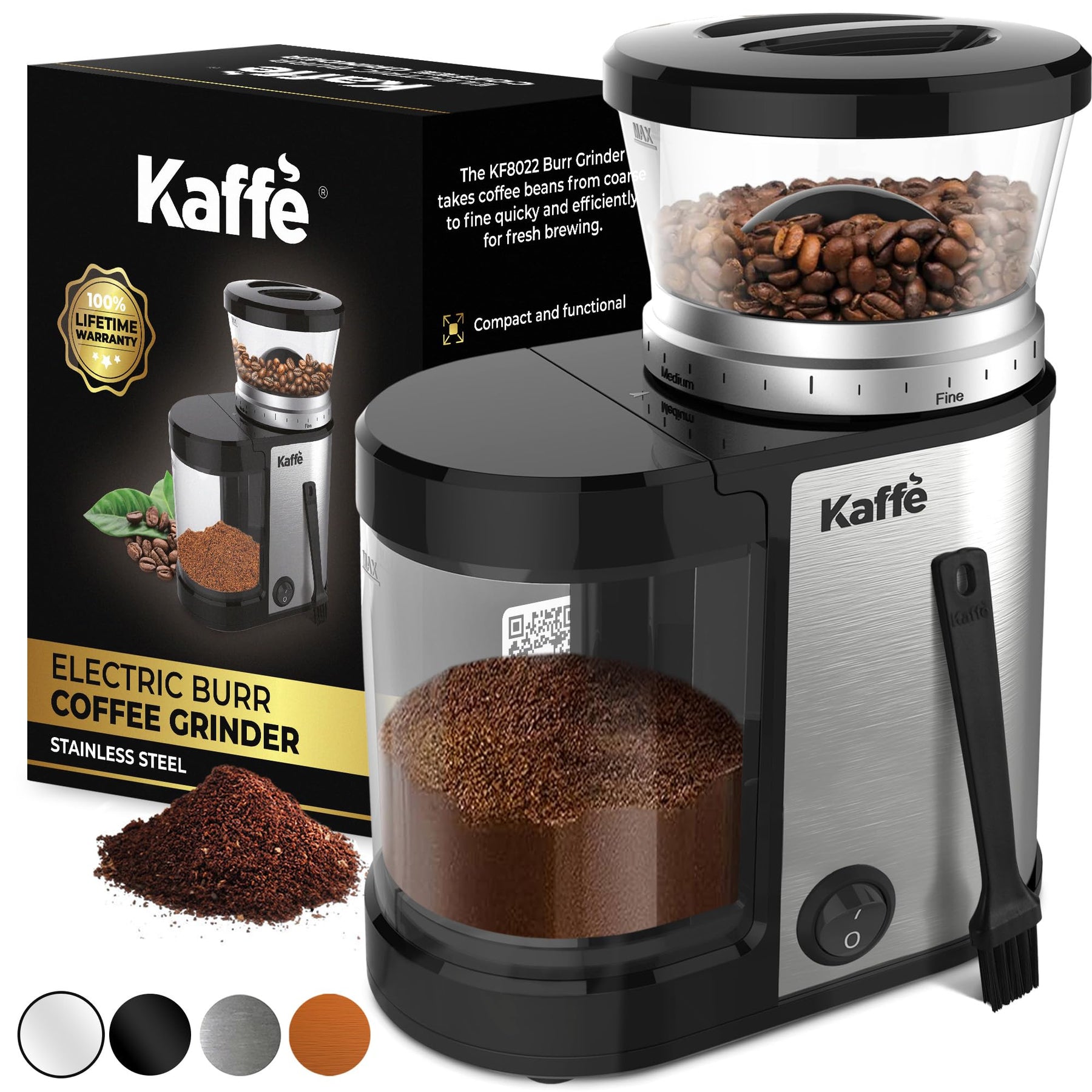 Kaffe Electric Burr Coffee Grinder (5.5oz) w/Adjustable Precise Coarseness Settings - Flat Burr - [Improved Motor] - Precision Coffee Bean Grinder for Home Use - Stainless Steel