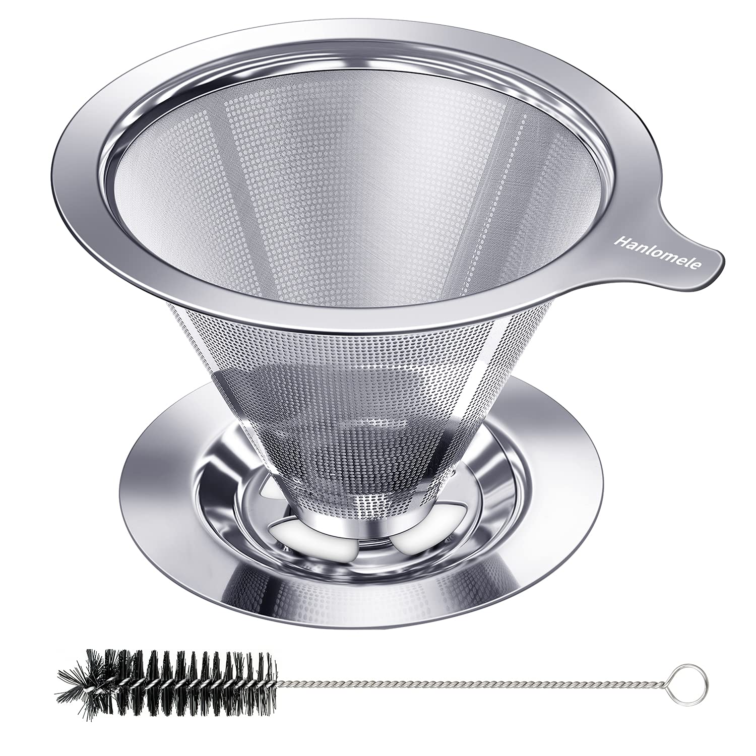 Hanlomele Pour Over Coffee Dripper, Paperless Reusable Coffee Filter, Pour Over Coffee Maker for Single Cup Brew, Double Mesh Design of Stainless Steel Cone Filter for Perfect Extraction (1-2 Cup)