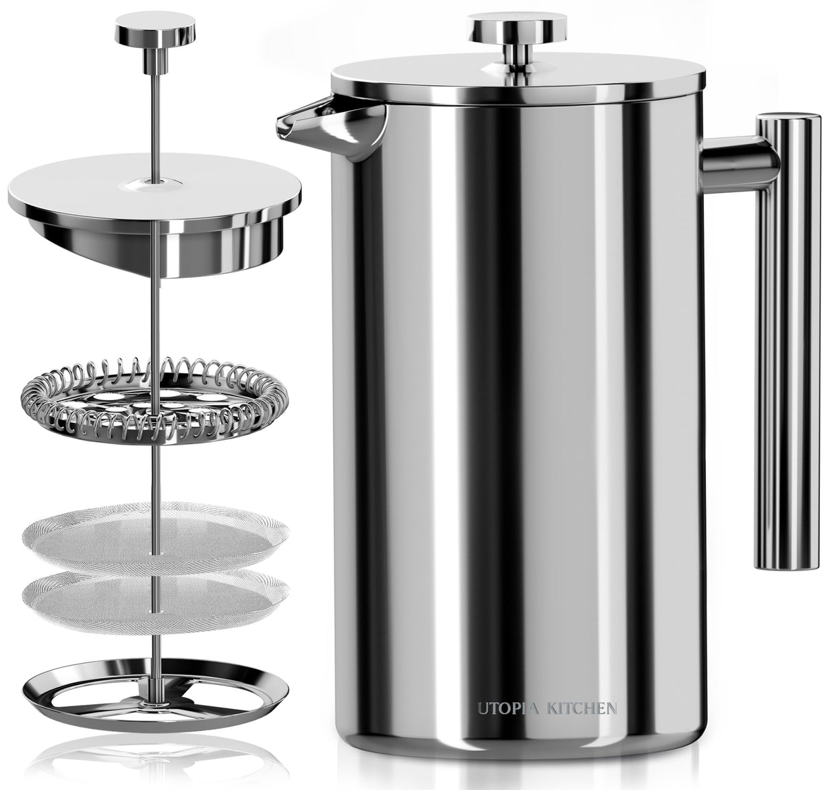 Utopia Kitchen Stainless Steel French Press Coffee Maker 32 Oz, French Press Tea Maker, Camping French Press Coffee Maker, Cold Brew Portable Travel Coffee Presses, Tea Press Gifts Silver