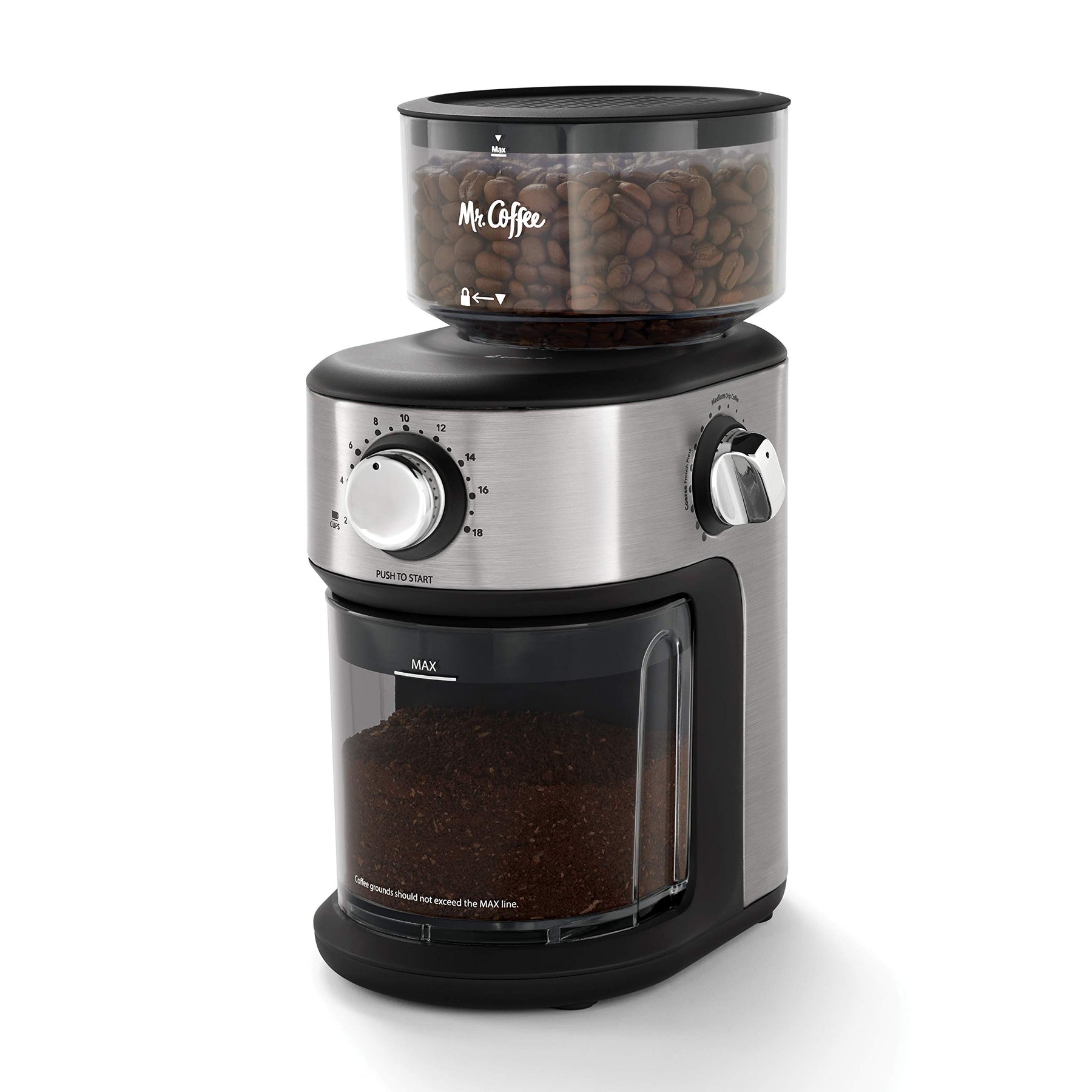 Mr. Coffee® Cafe Grind 18 Cup Automatic Burr Grinder with Removable Bean Hopper and Grind Chamber | Stainless Steel