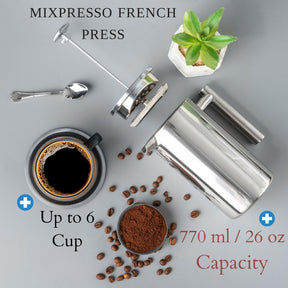 Mixpresso French Press-Kaffeemaschine aus Edelstahl, 27 oz, 800 ml, doppelwandig isolierte French Press aus Edelstahl und Teebereiter, leicht zu reinigen und leicht zu drücken, robuste, hochwertige Kaffeepresse aus Metall.