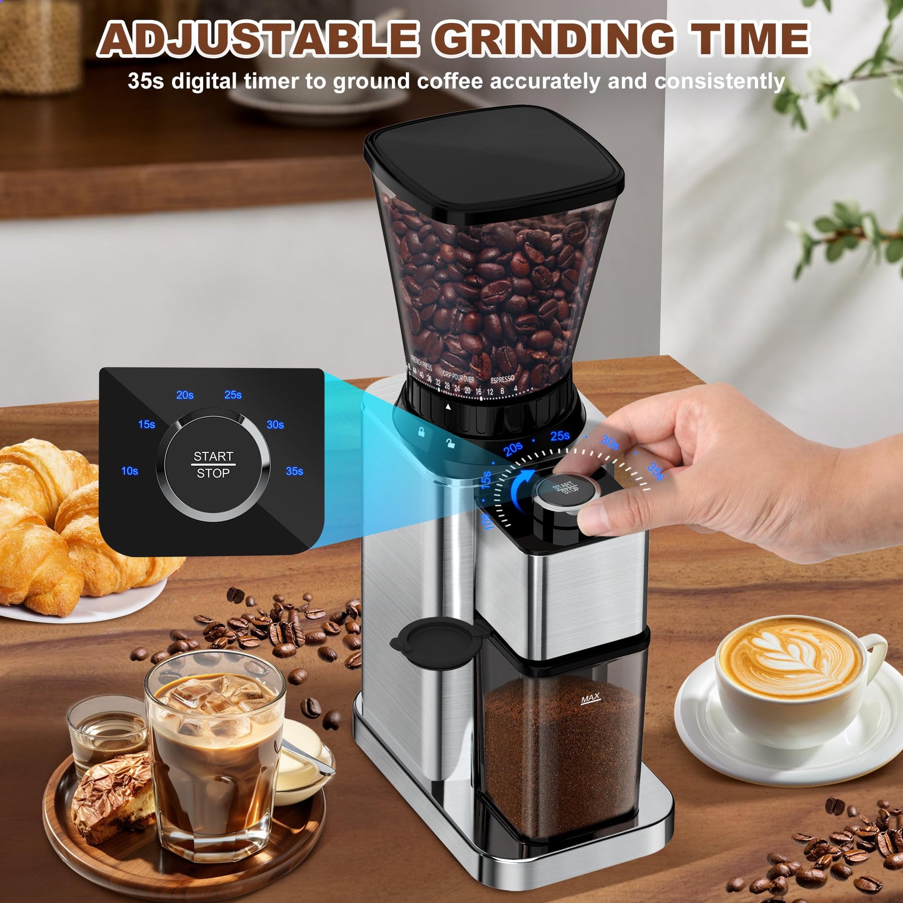 BinROC Conical Burr Coffee Grinder Electric, Espresso Coffee Bean Grinder Home Use Upgraded Adjustable 48 Grind Settings, Precision Timer, Stainless Steel, Anti-Static for Pour Over/Drip/French Press