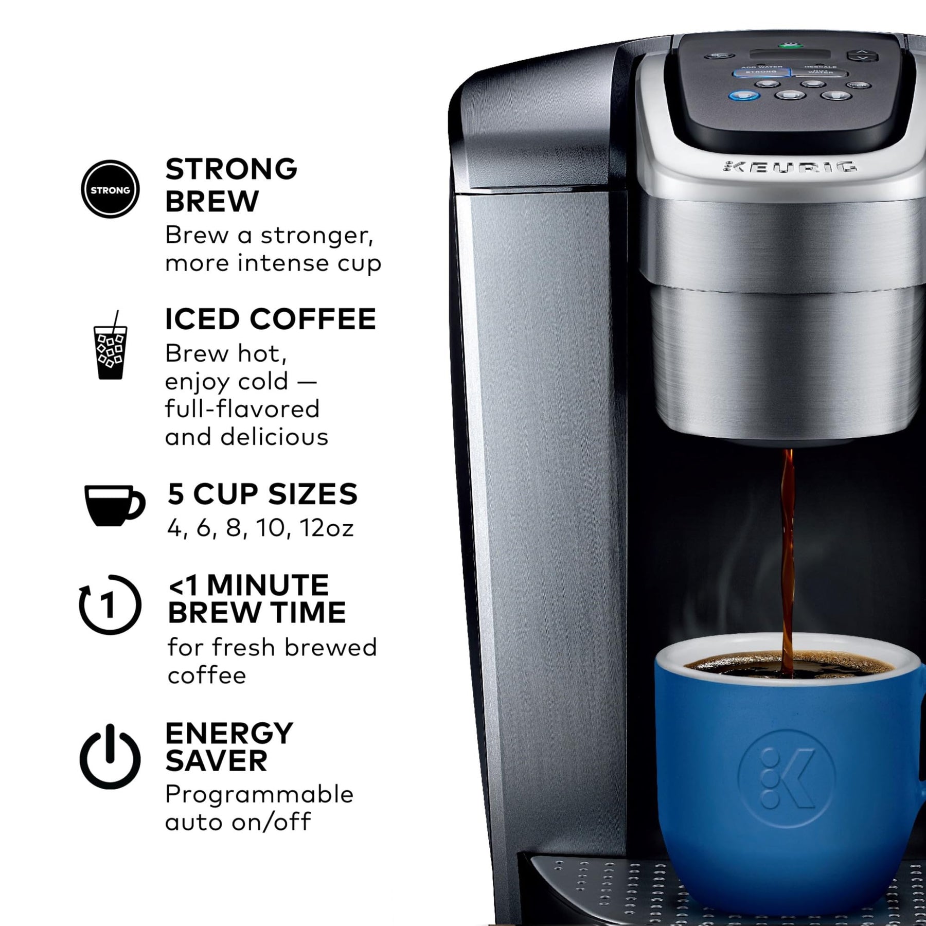 Keurig K-Elite Single Serve K-Cup Pod Kaffeemaschine, mit Stärke- und Temperaturkontrolle, Eiskaffee-Funktion, Brühgröße von 230 bis 340 ml, programmierbar, gebürstetes Silber