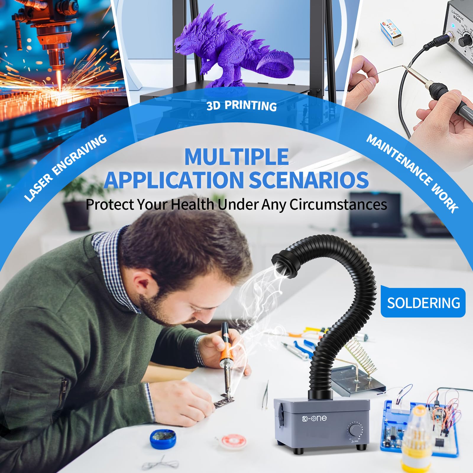 Lötrauchabsaugung, Laserrauchabsaugung, leistungsstarker Rauchabsauger mit Absaugung für Lasergravurschneider, Lötkolben, DTF, 3D-Druck, stufenlose Steuerung und effiziente 3-Schicht-Filtration