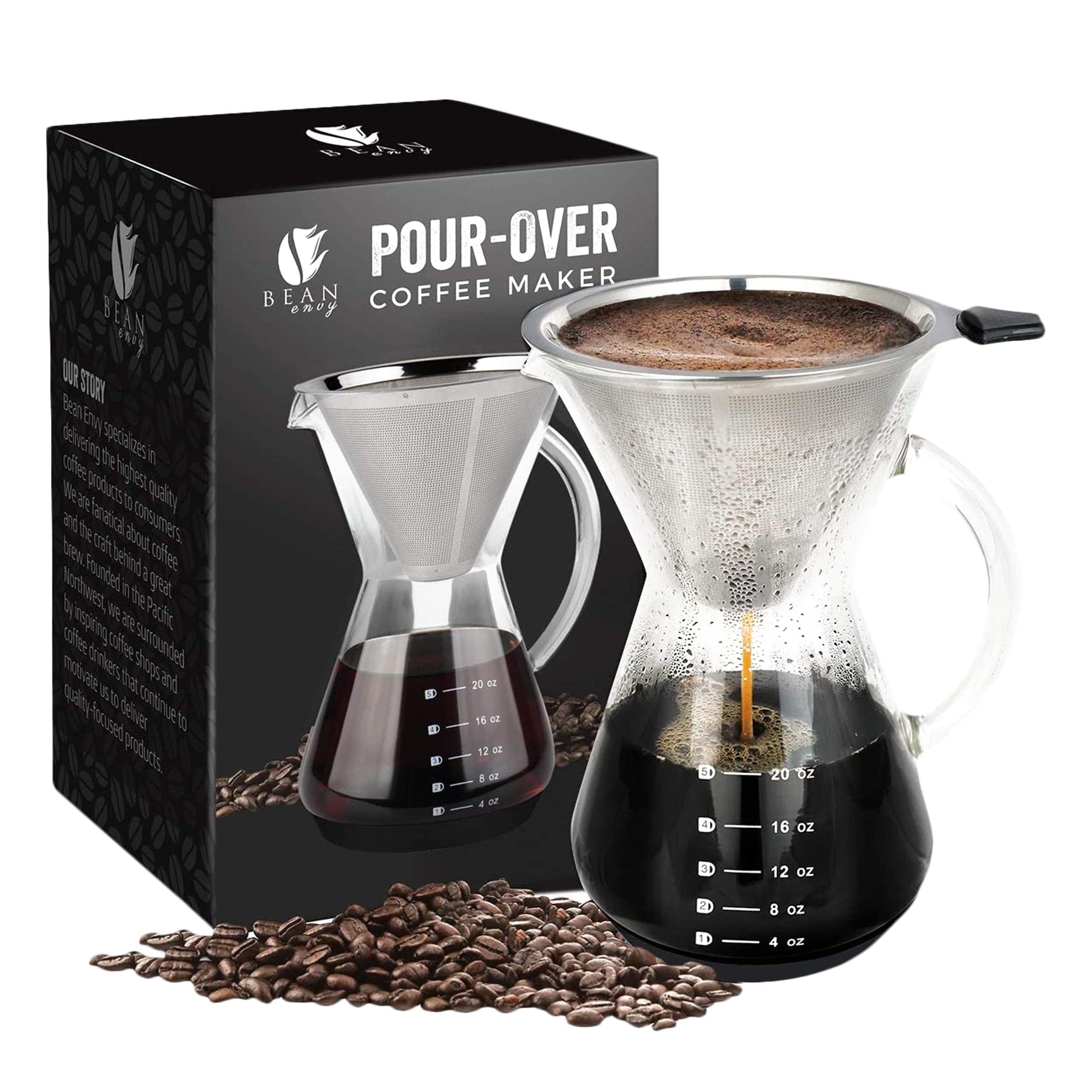 Bean Envy Pour Over-Kaffeemaschine – Karaffe aus Borosilikatglas für 5 Tassen – papierloser Filter/Tropfer aus rostfreiem Edelstahl – Inklusive individueller Silikonhülle