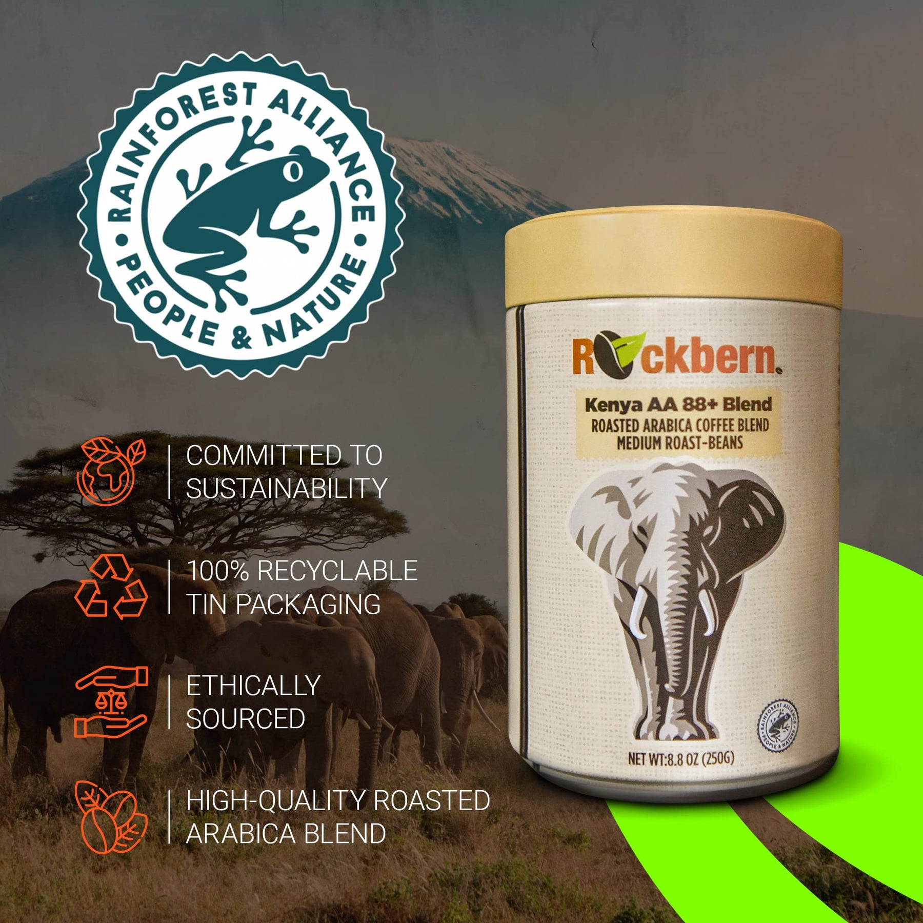 Rockbern Mt Kenya AA 88+ Kaffeebohnen – mittelstark geröstete kenianische AA-Arabica-Mischung, ganze Bohnen, 250 g – Rainforest Alliance-zertifiziert