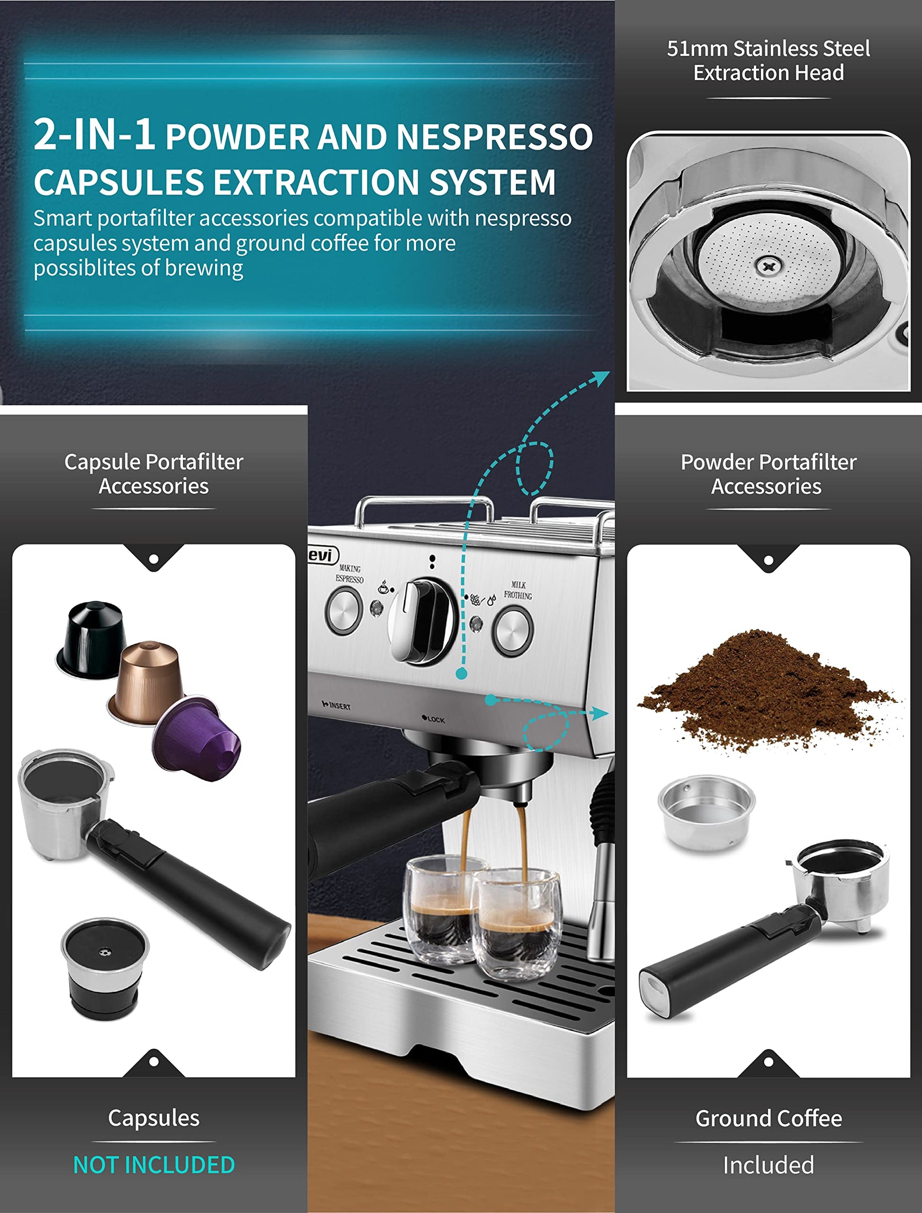 Gevi Espressomaschine, 15 Bar Pumpendruck, Cappuccino-Kaffeemaschine mit Milchaufschäumer, Dampfdüse für Latte, Mokka, Cappuccino, 1,5 l Wassertank, 1100 W, schwarz