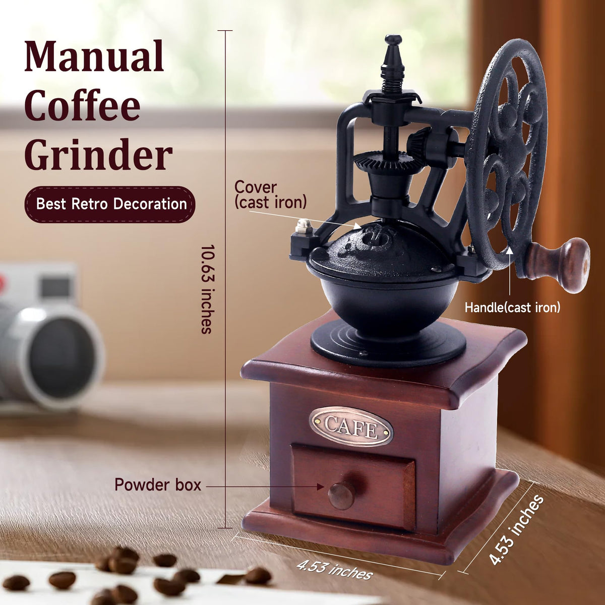 Manual Coffee Grinder Vintage Wooden Coffee Bean Grinder Hand Grinder Roller Antique Coffee Mill for Making Mesh Coffee Classic French Press for Decoration (Quadrilateral)