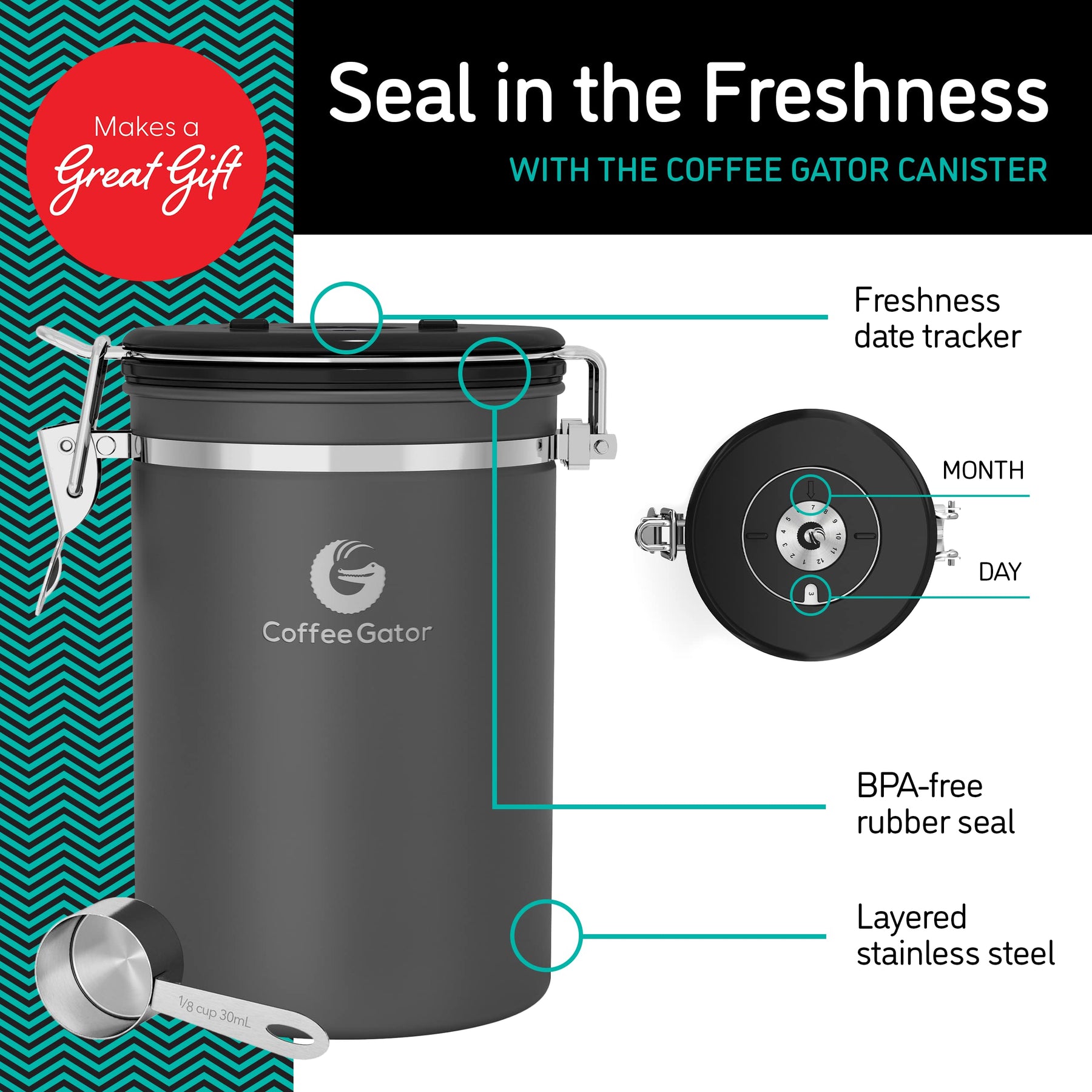 Coffee Gator Stainless Steel Canister - Large 22oz, Silver Coffee Grounds and Beans Container with Date-Tracker, CO2-Release Valve, and Measuring Scoop - Ideal Coffee Lovers Gifts for Her