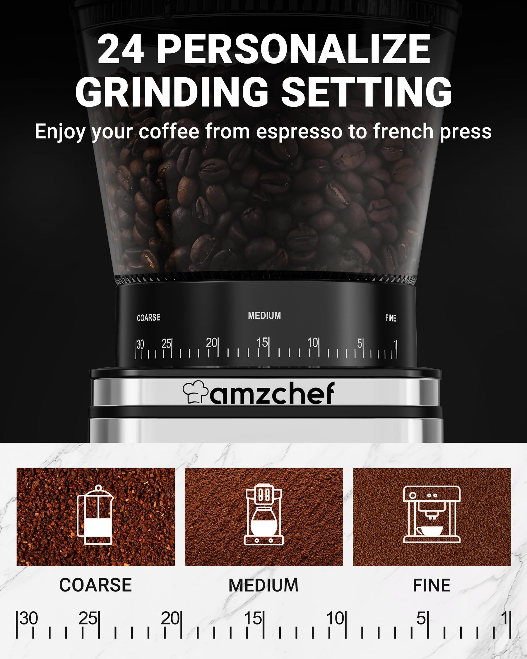 Conical Burr Coffee Grinder 30 Precise, Coffee Grinder with LED Screen & Anti-static Device, Adjustable Burr Grinder for 1-12 Cups or 1-40 Seconds