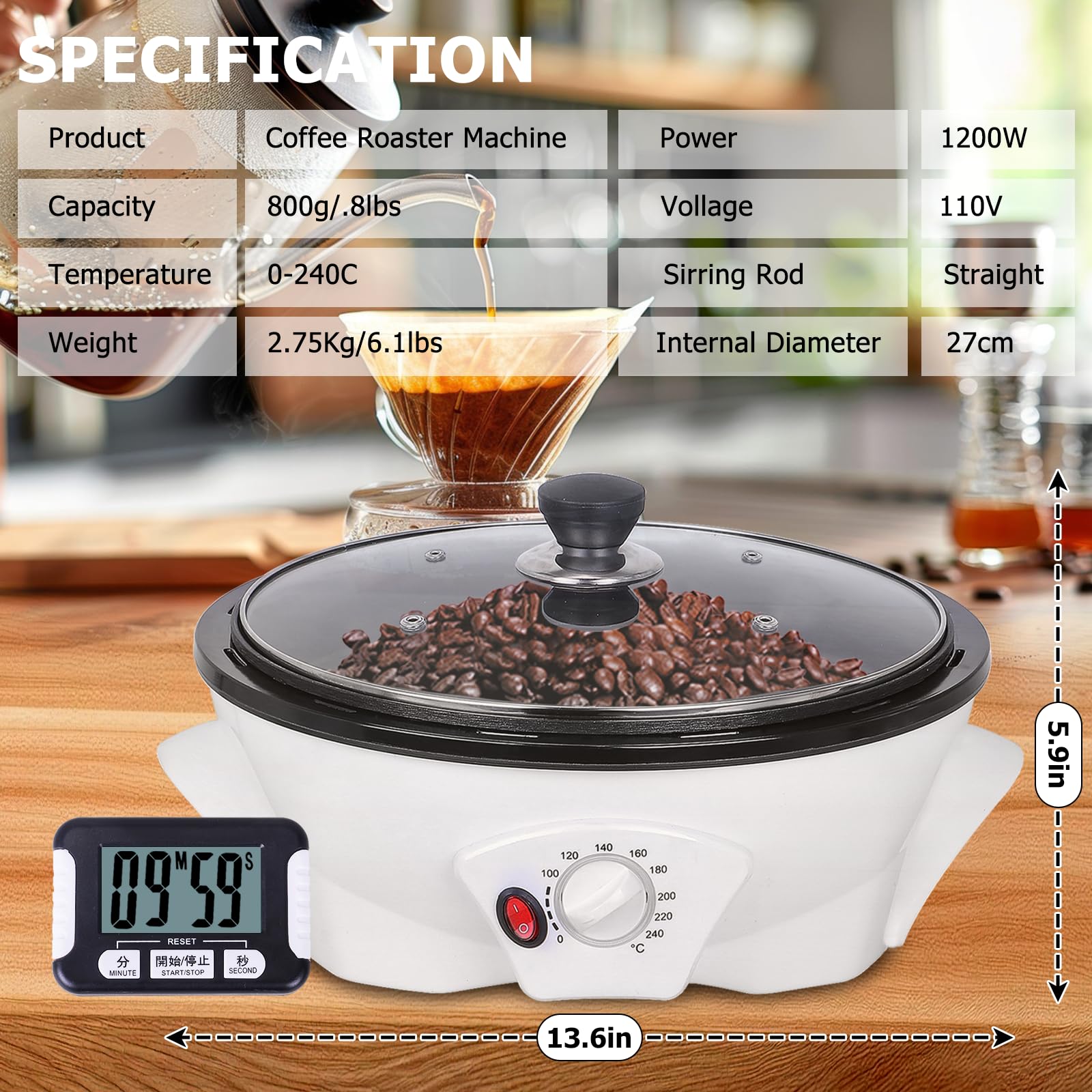 JIAWANSHUN Kaffeeröster, verbesserter elektrischer Kaffeebohnenröster, 1,1 Pfund Kaffeeröster für den Heimgebrauch, 0–240 °C Temperatureinstellung und Timer, 110–120 V