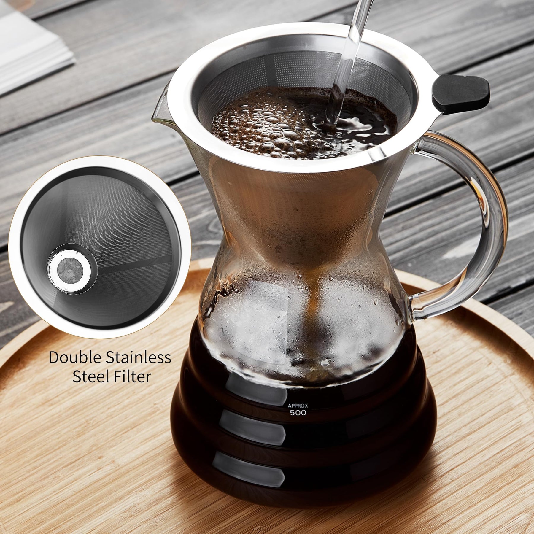 Unzerbrechlicher Pour-Over-Kaffeebereiter mit permanentem Edelstahlfilter für 8 Tassen, verdicktes, hitzebeständiges Borosilikatglas, Tropfkaffeemaschine, herdplattensicher