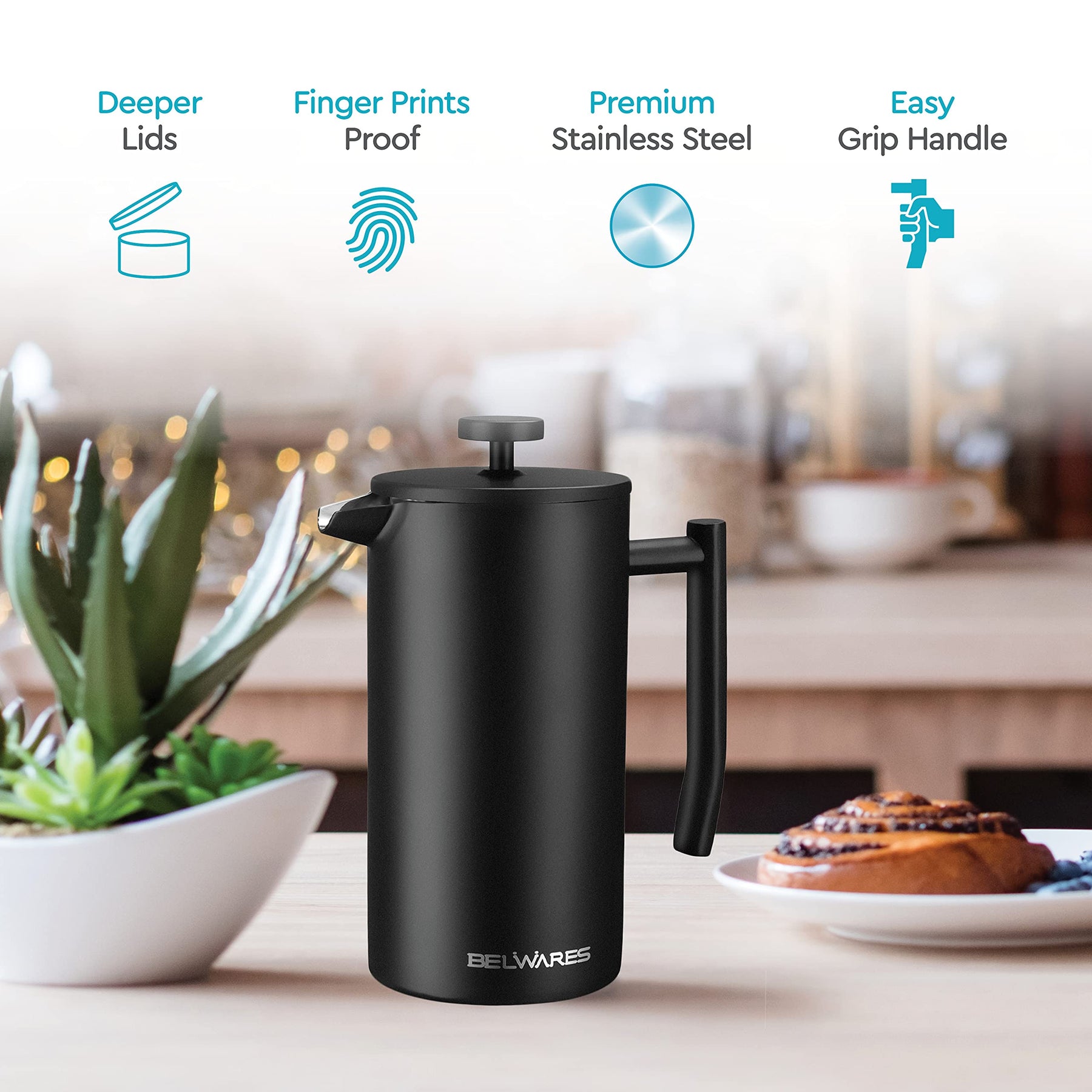 Belwares French Press Coffee Maker 50 OZ - Large Insulated Stainless Steel 304 Coffee Press with Double Wall & 4-Level Filtration System (Black - 1.5L)