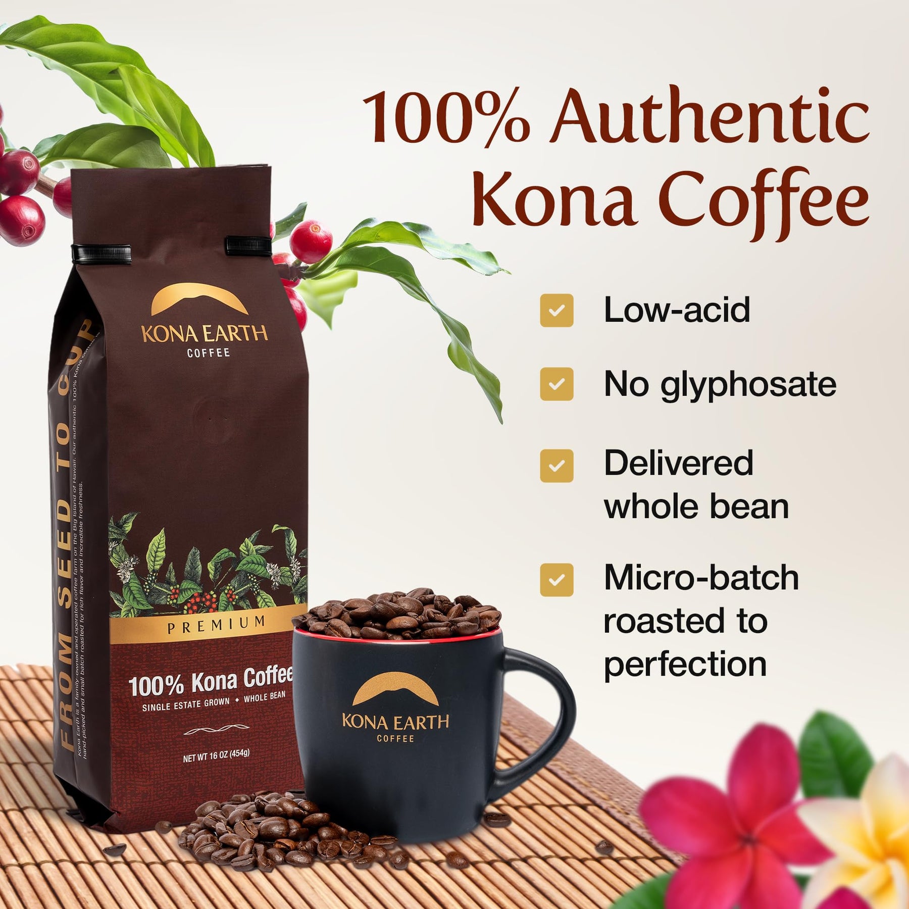 Kona Earth - Premium, 100% Kona Coffee, Medium Roast Coffee, Single-Estate Grown Micro-Batch-Roasted Whole Coffee Beans, 1 lb. (Pack of 1)