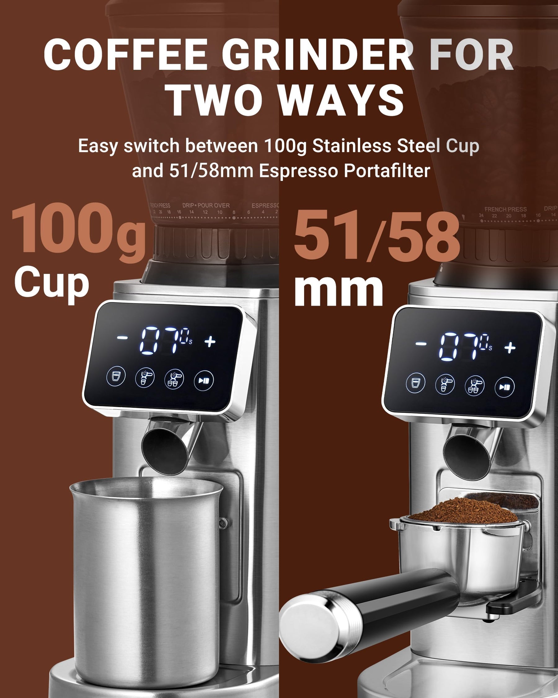 AMZCHEF Coffee Grinder, Coffee Bean Grinder for Home Use with Precise Grinding, LED Control Panel, Detachable Funnel Stand, 24 Grind Settings,Silver