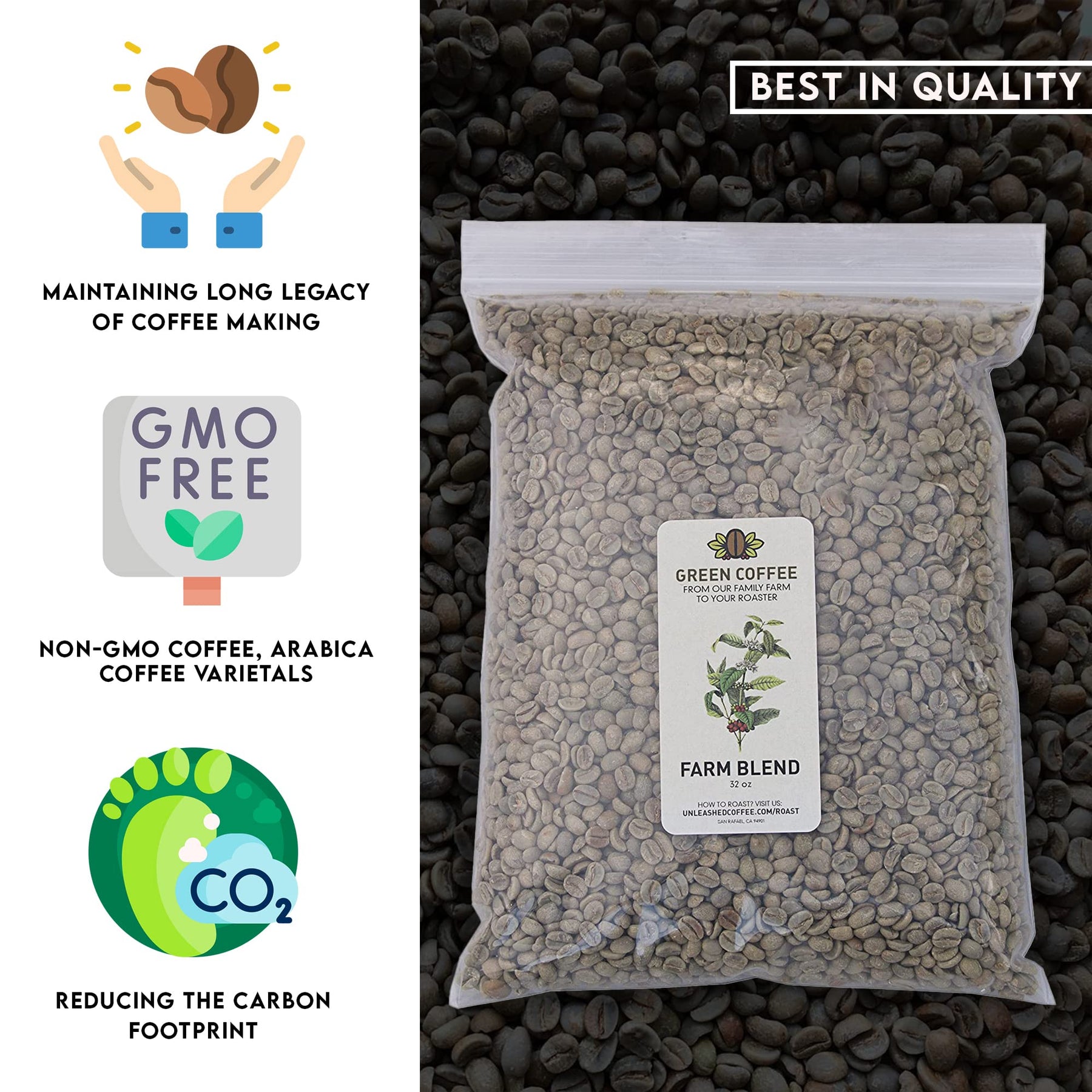 Unleashed Coffee | Unroasted Farm Blend | Arabica Whole Bean Coffee | Direct Trade Green Coffee Beans for Roasting | Small Lot, Farm Fresh Gourmet Coffee (Farm Blend, 2 LB)