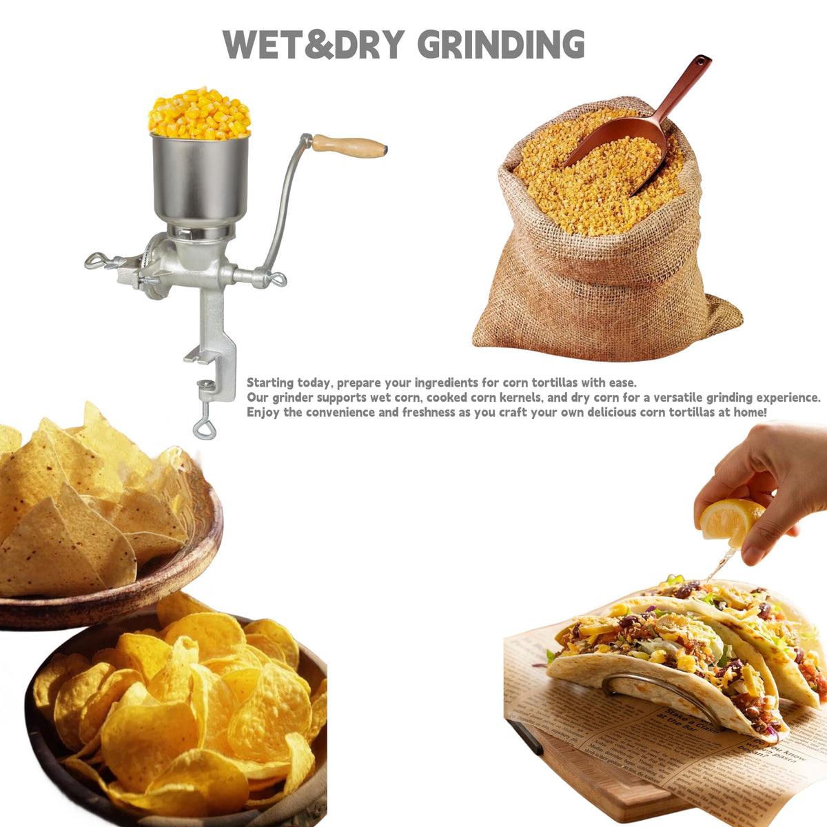 Vietora Eud High Hopper Cast Iron Manual Grain Mill-Heavy Duty Grain Grinder, Coffee Grinder-Dry&Wet Grinding for Wheat,Grain,Corn and Flours, Silver