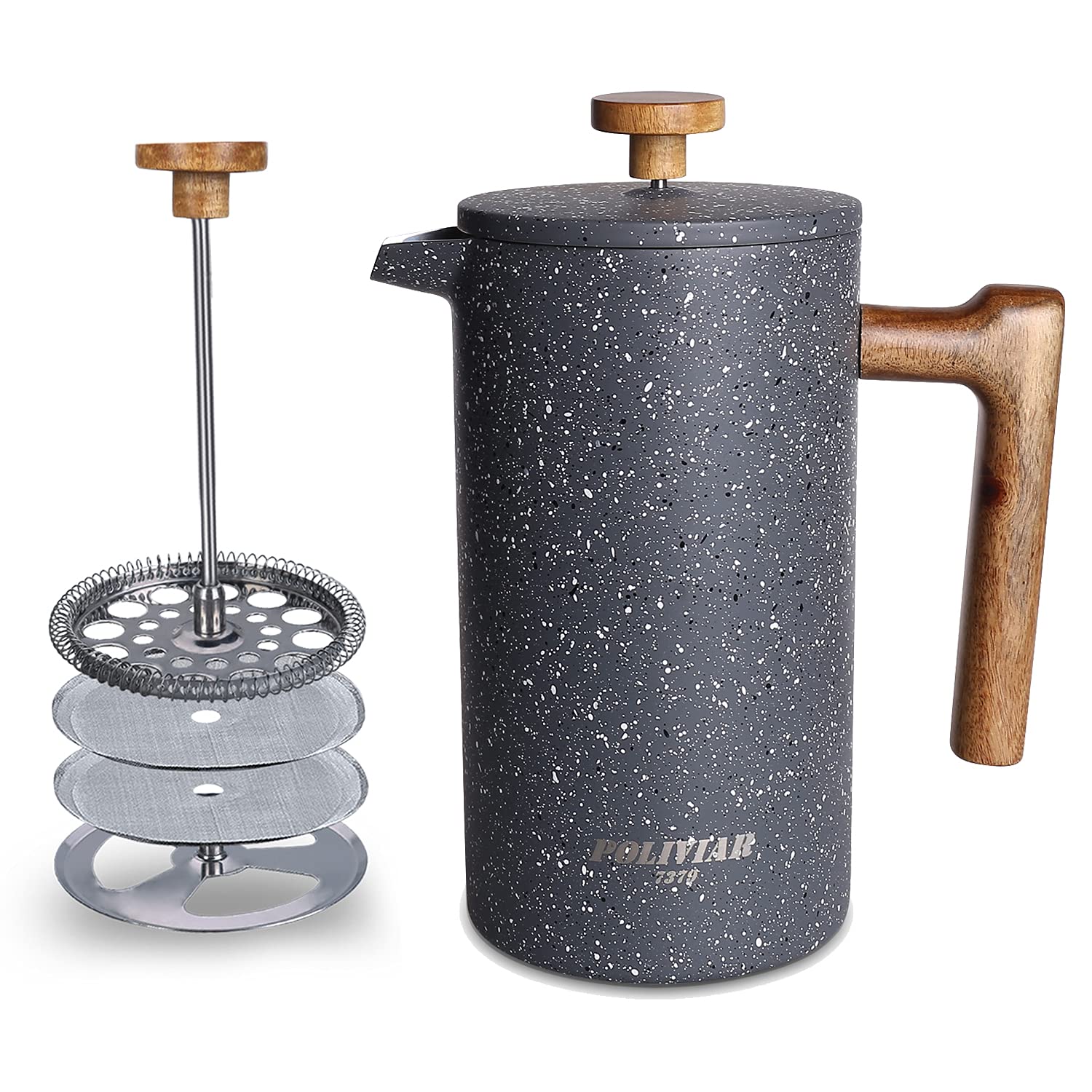 POLIVIAR French Press Kaffeemaschine, 34 Unzen Kaffeepresse mit Griff aus echtem Holz, doppelwandige Isolierung und Doppelfiltersieb, lebensmittelechter Edelstahl für guten Kaffee und Tee (Lava)