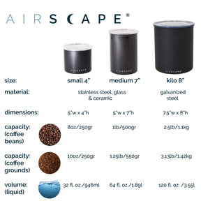 Planetary Design Airscape ステンレススチール コーヒーキャニスター | 食品保存容器 | 特許取得の密閉蓋 | 余分な空気を押し出して食品の鮮度を保つ (ミディアム、マットブラック)