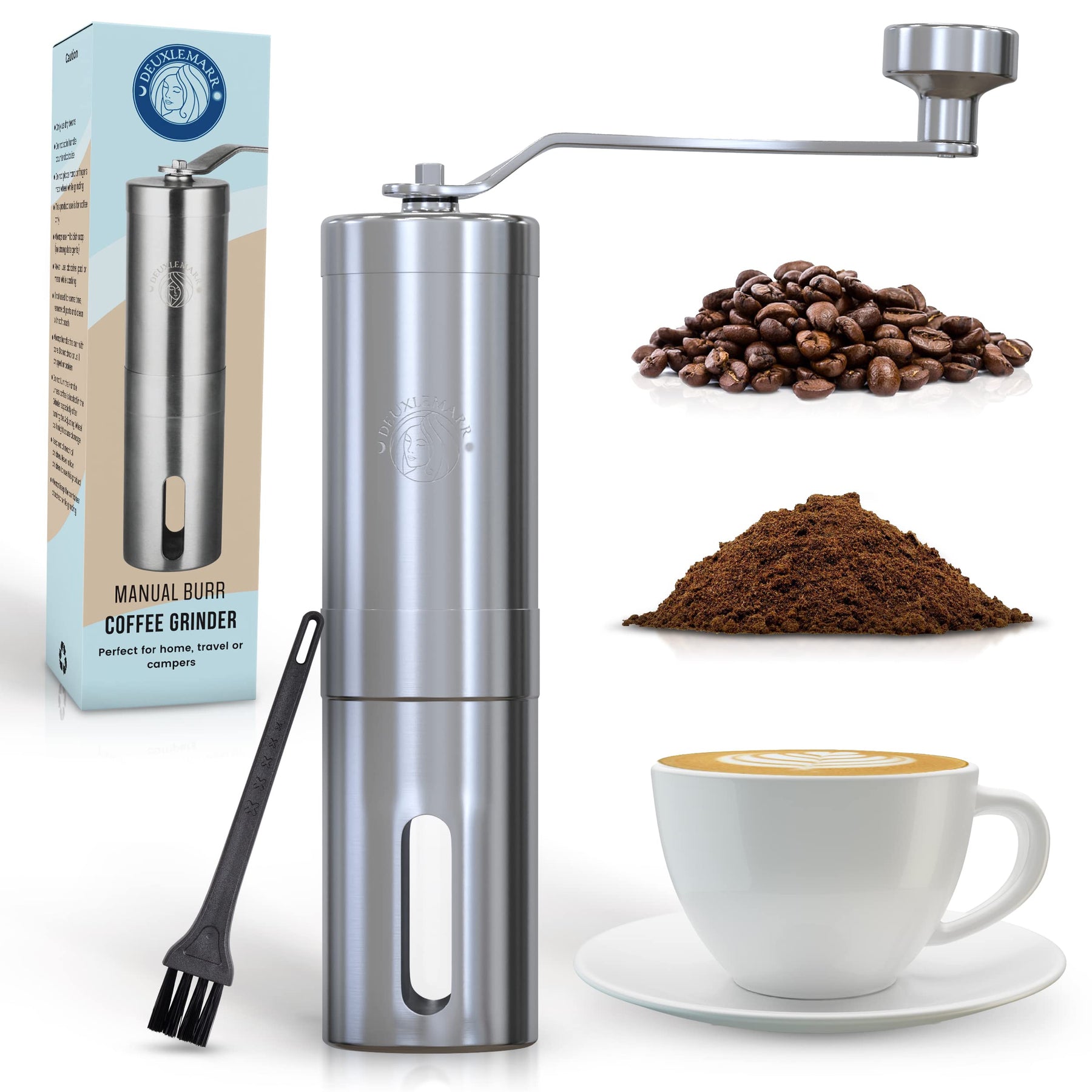 Deuxlemarr Manual Coffee Grinder, 304 Grade Stainless Steel, Adjustable Coarseness, Handheld Ceramic Burr, Portable Coffee Bean Grinders for Travel, French Press, Aeropress, Cold Drip - with Brush