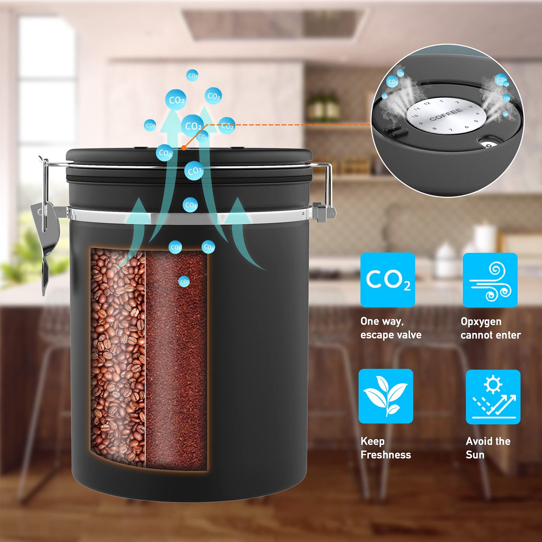 Miscedence 35OZ Coffee Canister for ground coffee with Date Tracker,One Way Co2 Valve 304 Stainless Steel Kitchen Food Airtight storage container for Coffee Beans or Grounds, Sugar Black