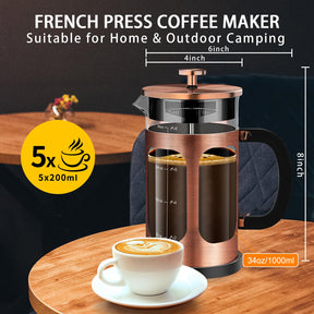 YMMIND French Press Kaffeemaschine (34oz 1Quart 5-6Tassen) Kaffeepresse, mit 4 Filtersystem, hitzebeständiges dickes Borosilikatglas, kalt gebrühter Kaffee, Teekanne, Geschenke (Kupfer)