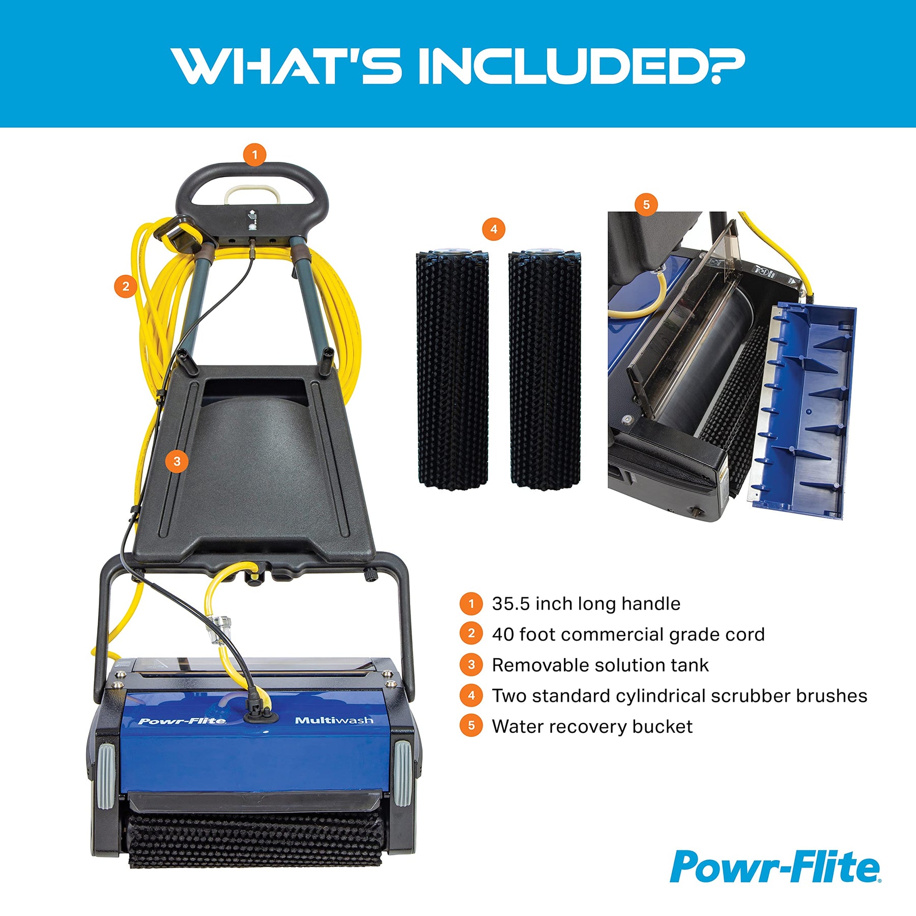 Multiwash 14 inch Commercial Floor Scrubber Machine by Powr-Flite, Power Scrubbers for Cleaning a Variety of Hard and Soft Surface Floors, PFMW14