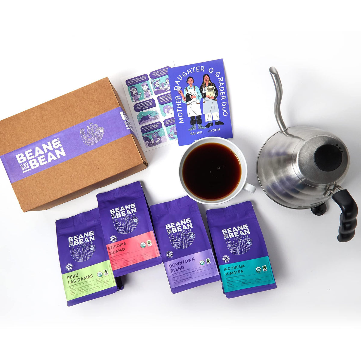 Bean & Bean Around the World Coffee & Chocolate Gift Set – 4 x 1.8oz Coffee Samplers - Organic, Fair Trade, Includes Single Origin Coffee - Paired with Dark and Milk Chocolates – Medium Roast Coffee (Ground)