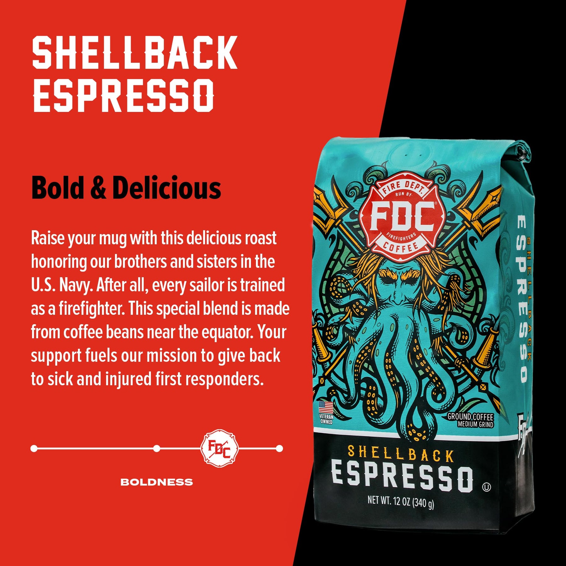 Fire Department Coffee - Gives Back to Firefighters - Bold & Smooth Shellback Espresso Coffee Beans - Roasted in the USA - Veteran Owned - 12 oz