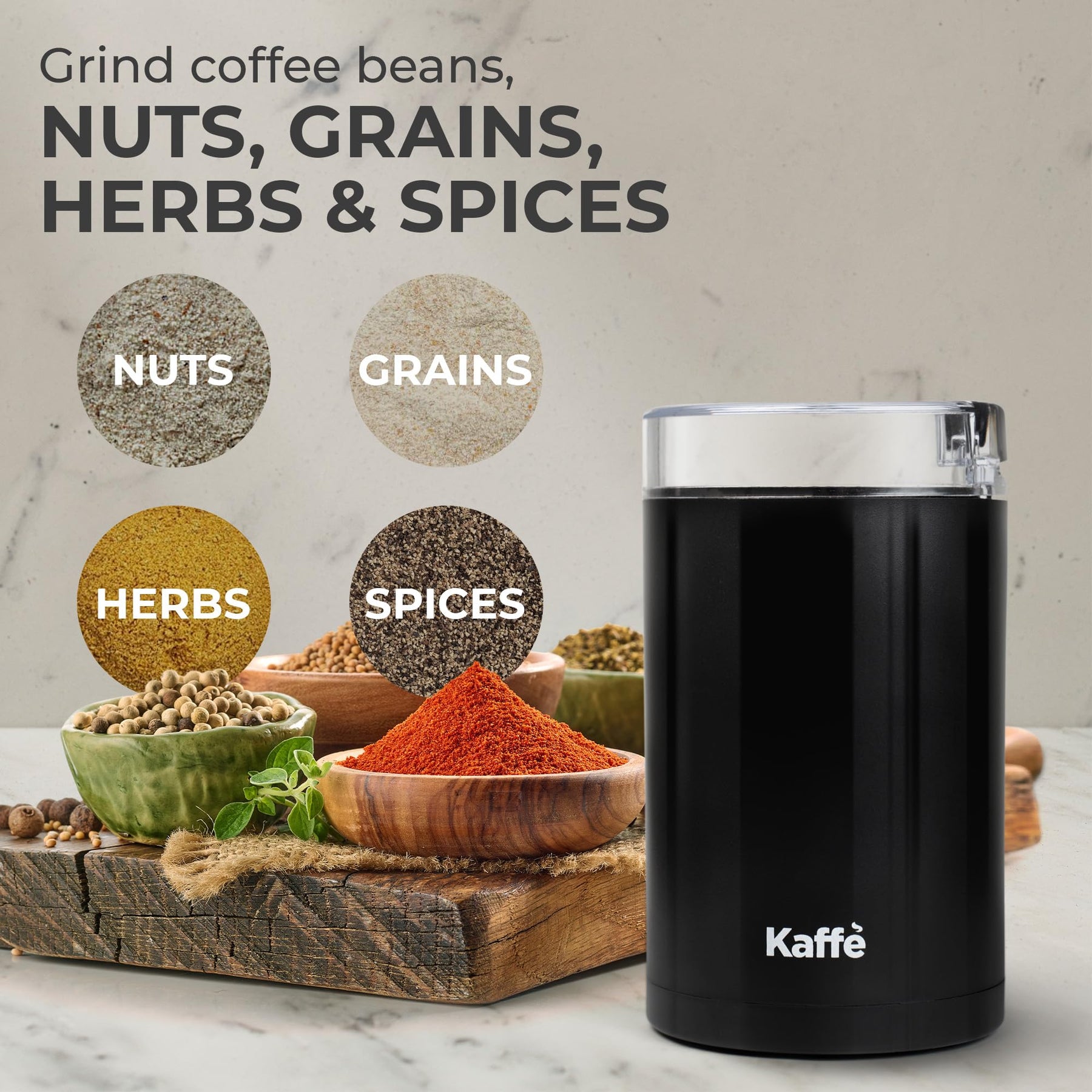 Kaffe One-Touch Coffee Grinder Electric w/Cleaning Brush (3 oz) - Coffee Grinders for Home Use - Up to 12 Cups of Coffee per Grind - Easy On/Off Coffee Bean Grinder - Black