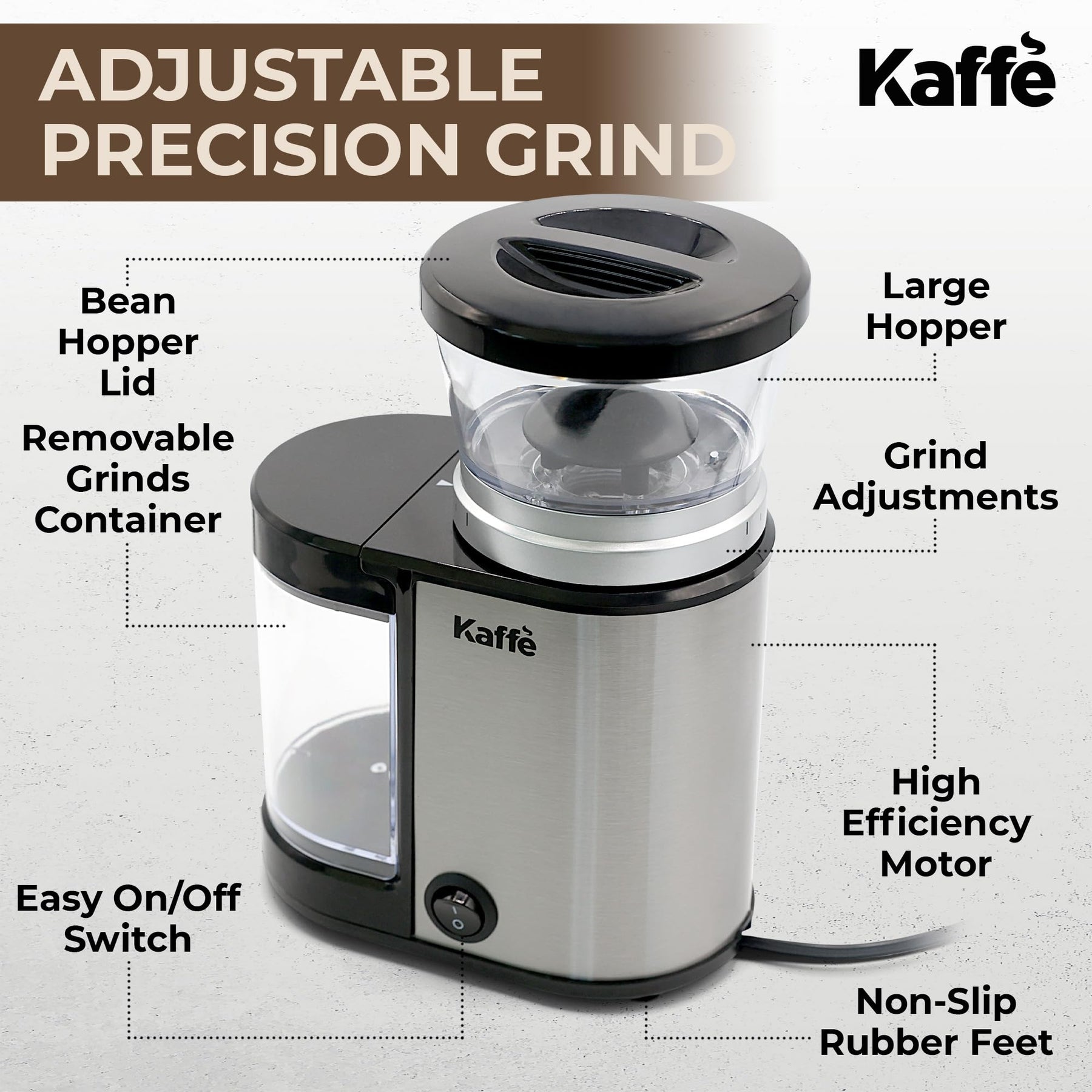 Kaffe Electric Burr Coffee Grinder (5.5oz) w/Adjustable Precise Coarseness Settings - Flat Burr - [Improved Motor] - Precision Coffee Bean Grinder for Home Use - Stainless Steel