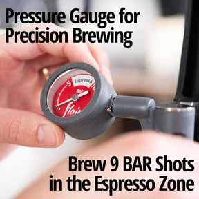 Flair UPDATED PRO 3 (Black) - All manual lever espresso maker with a stainless steel brew head, pressure gauge, and a shot mirror