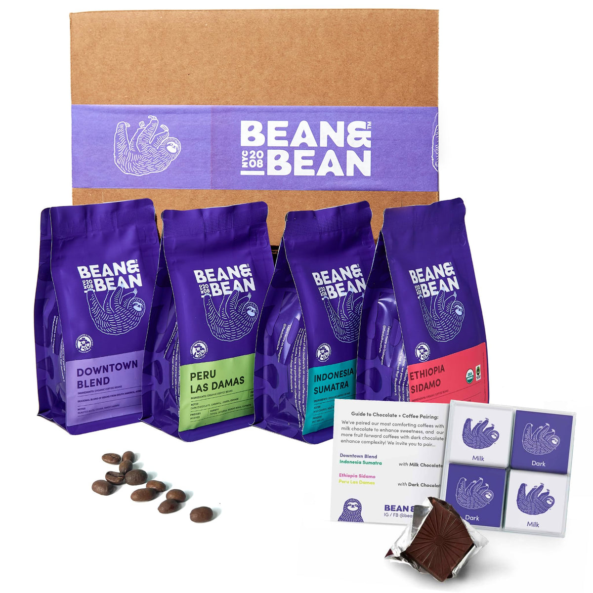 Bean & Bean Around the World Coffee & Chocolate Gift Set – 4 x 1.8oz Coffee Samplers - Organic, Fair Trade, Includes Single Origin Coffee - Paired with Dark and Milk Chocolates – Medium Roast Coffee (Ground)