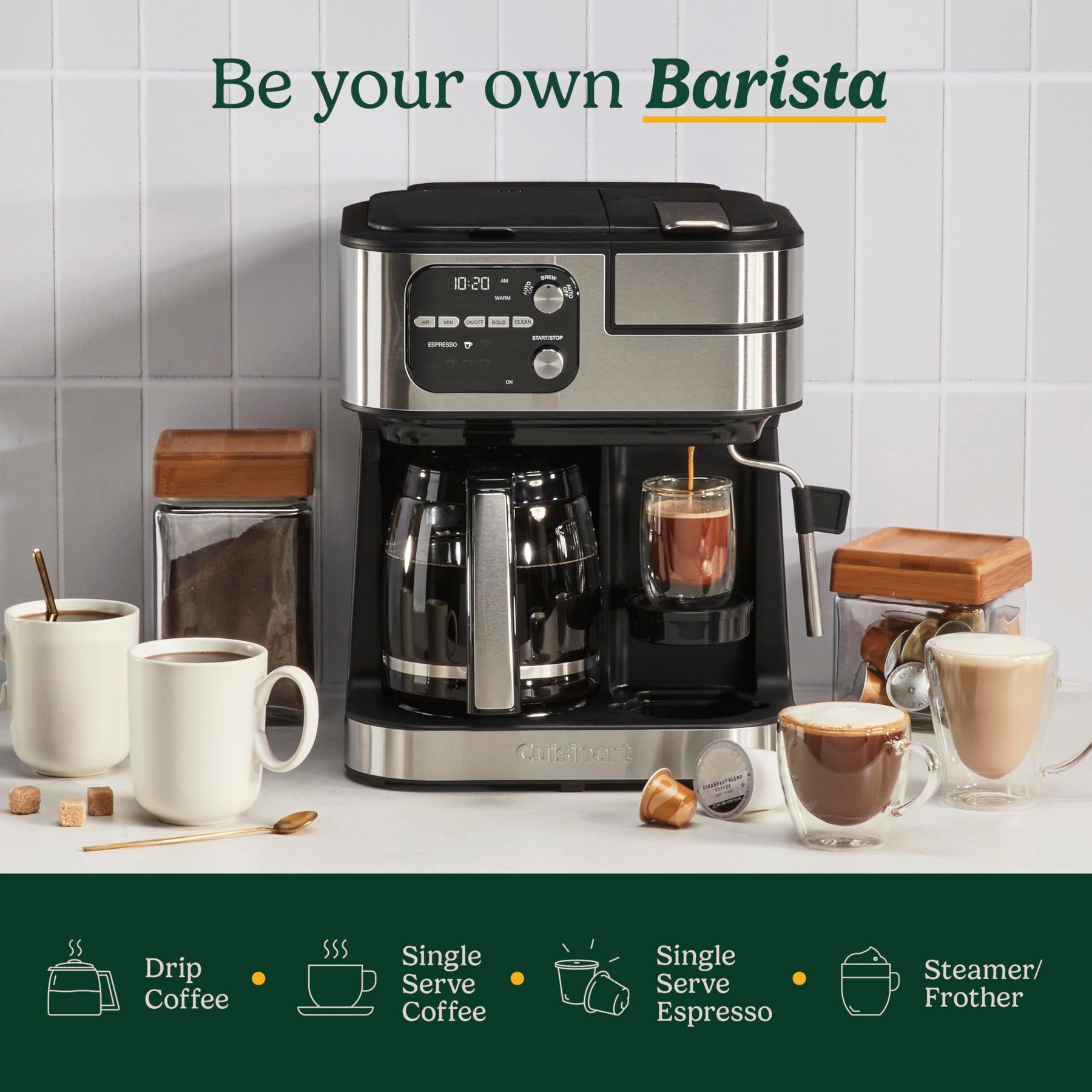 Cuisinart Kaffeemaschine, Coffee Center Barista Bar 4-in-1-Kaffeemaschine, Einzelportionskaffee, kompatibel mit Espresso- und Nespresso-Kapseln, 12-Tassen-Karaffe, schwarz, SS-4N1